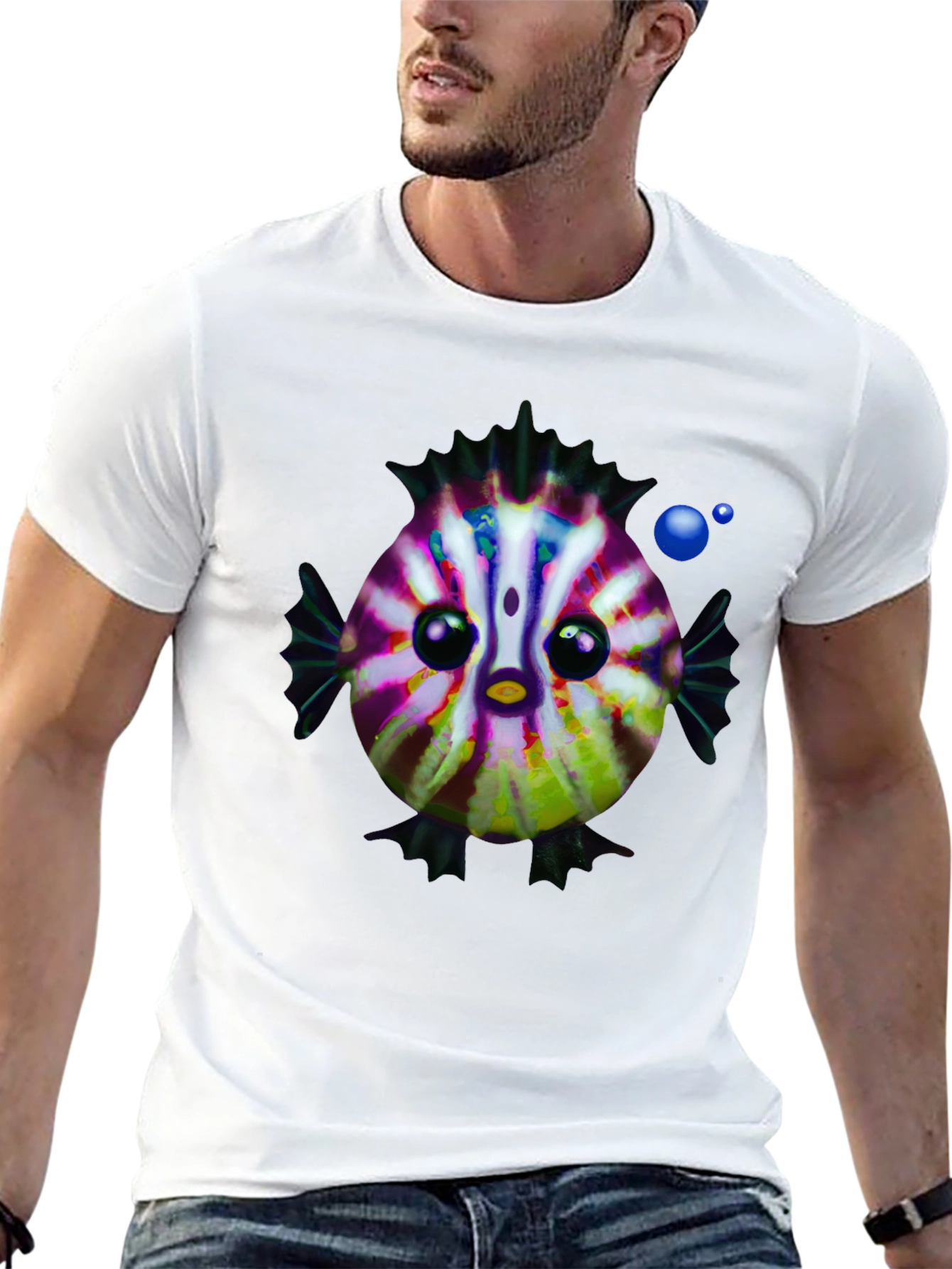 Cartoon Fish Graphic Tee - Black Cotton Casual Shirt