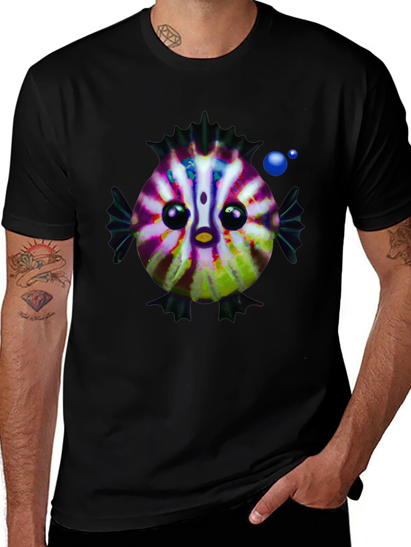 Cartoon Fish Graphic Tee - Black Cotton Casual Shirt