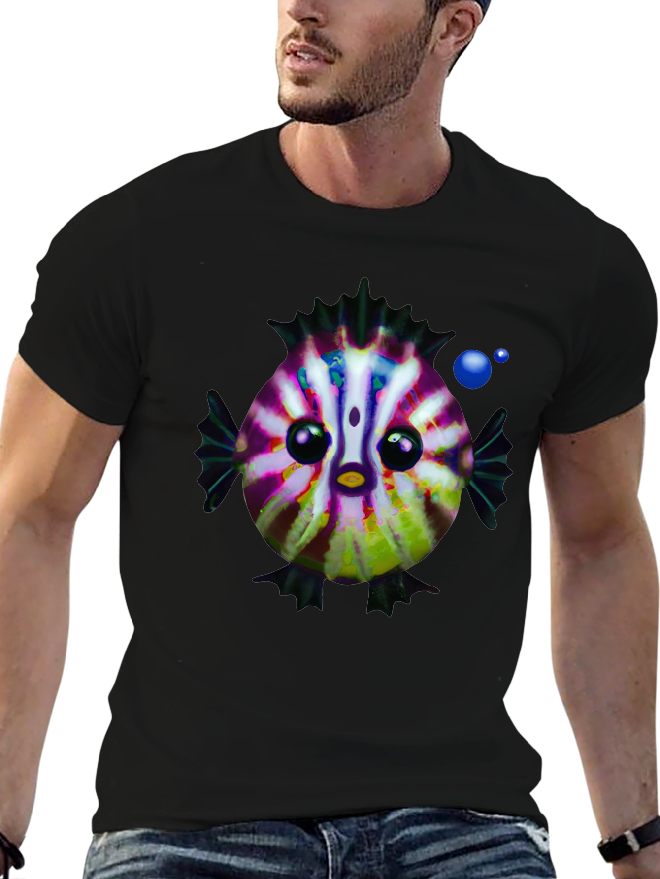 Cartoon Fish Graphic Tee - Black Cotton Casual Shirt