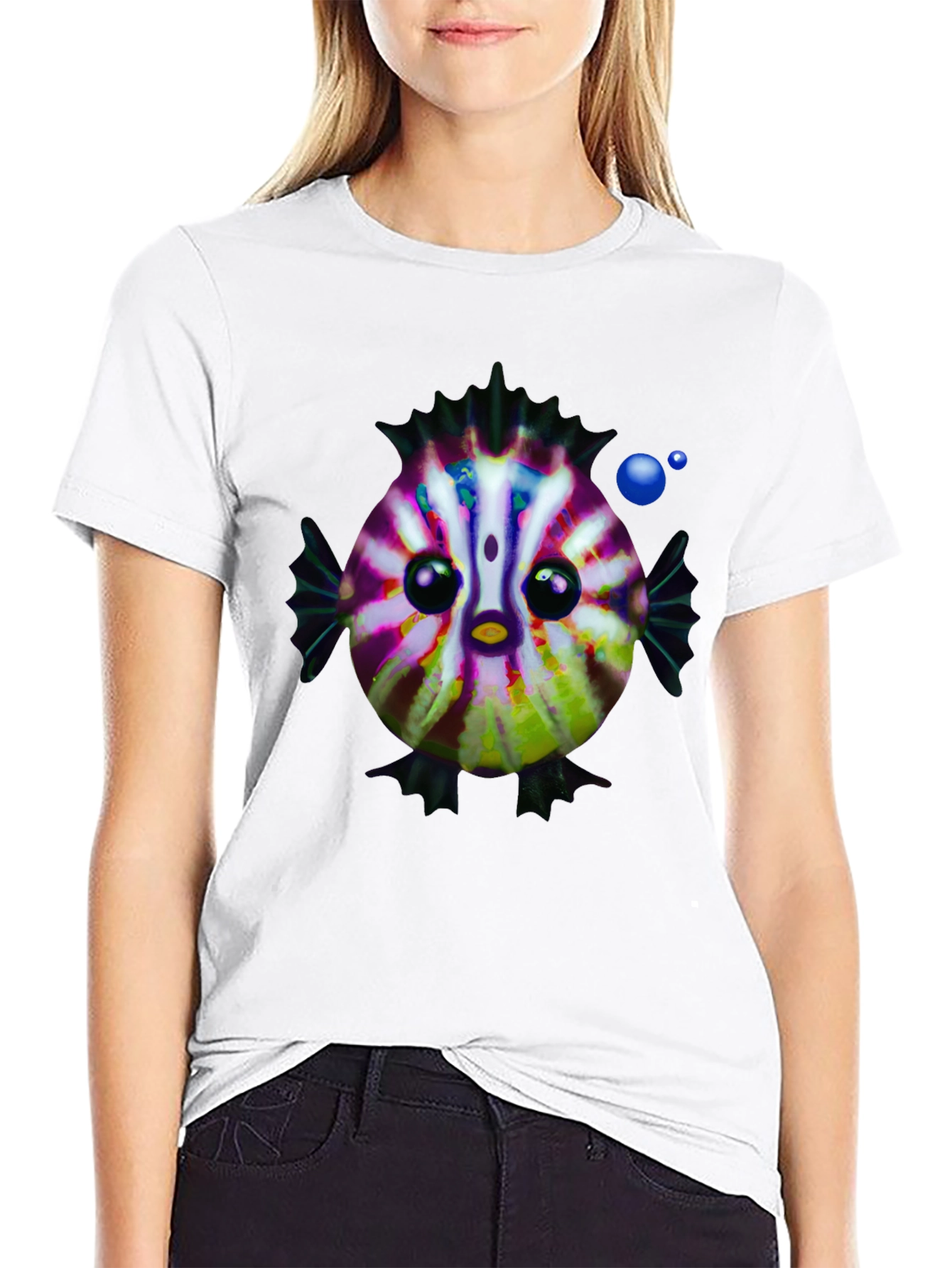 Cartoon Fish Graphic Tee - Black Cotton Casual Shirt