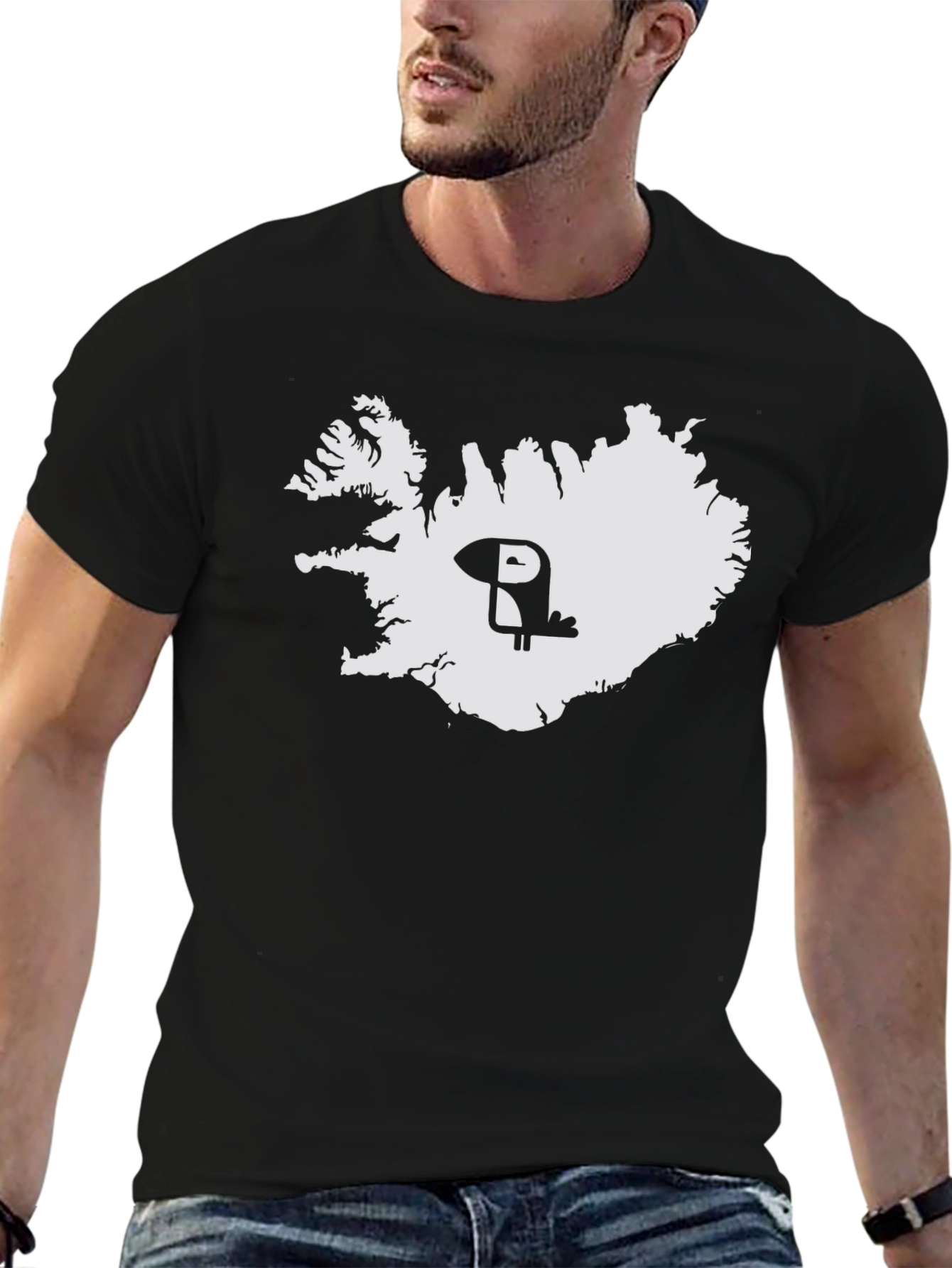 Iceland Puffin Map Tee - Black Cotton Graphic T-Shirt