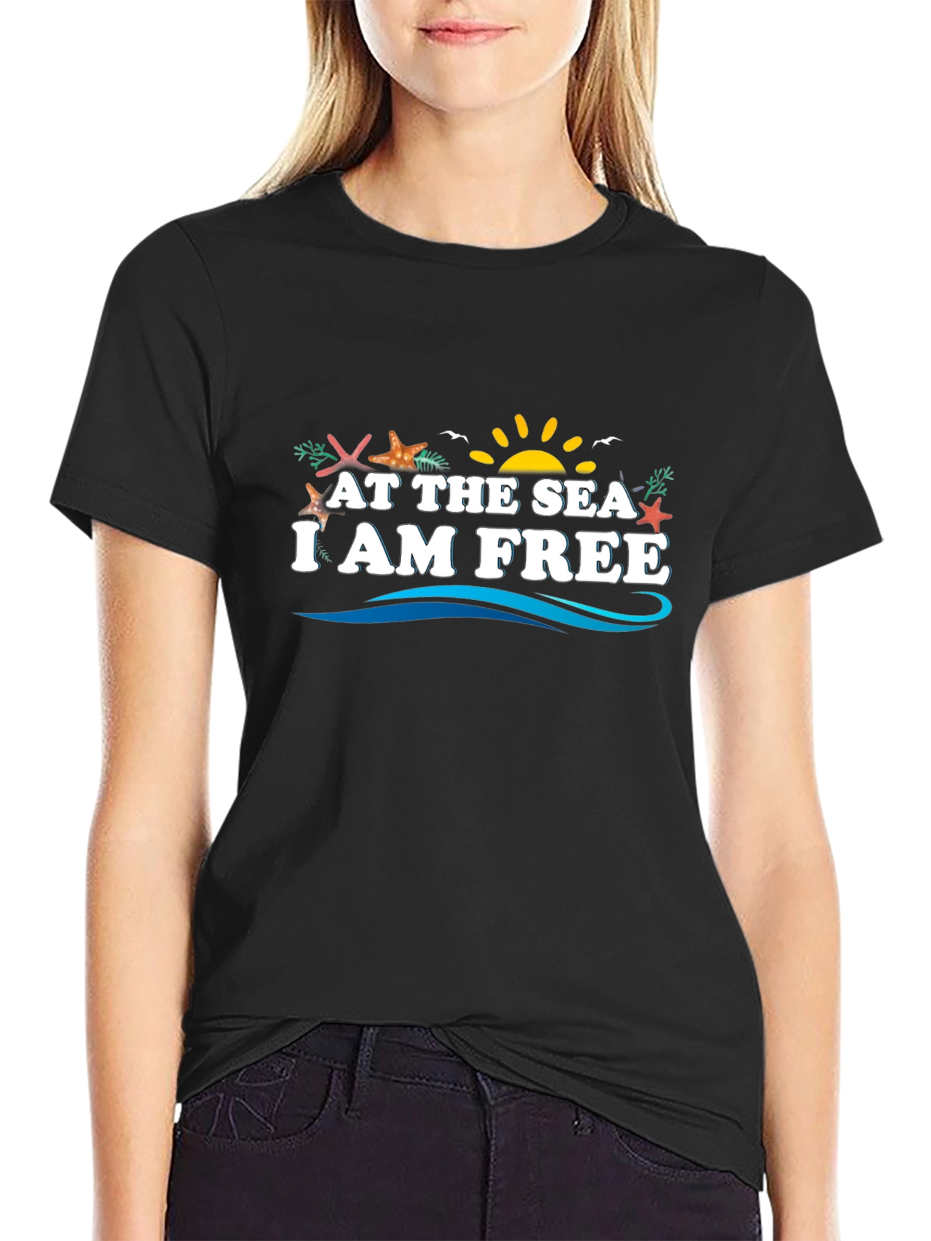 At The Sea I Am Free Black Graphic Tee