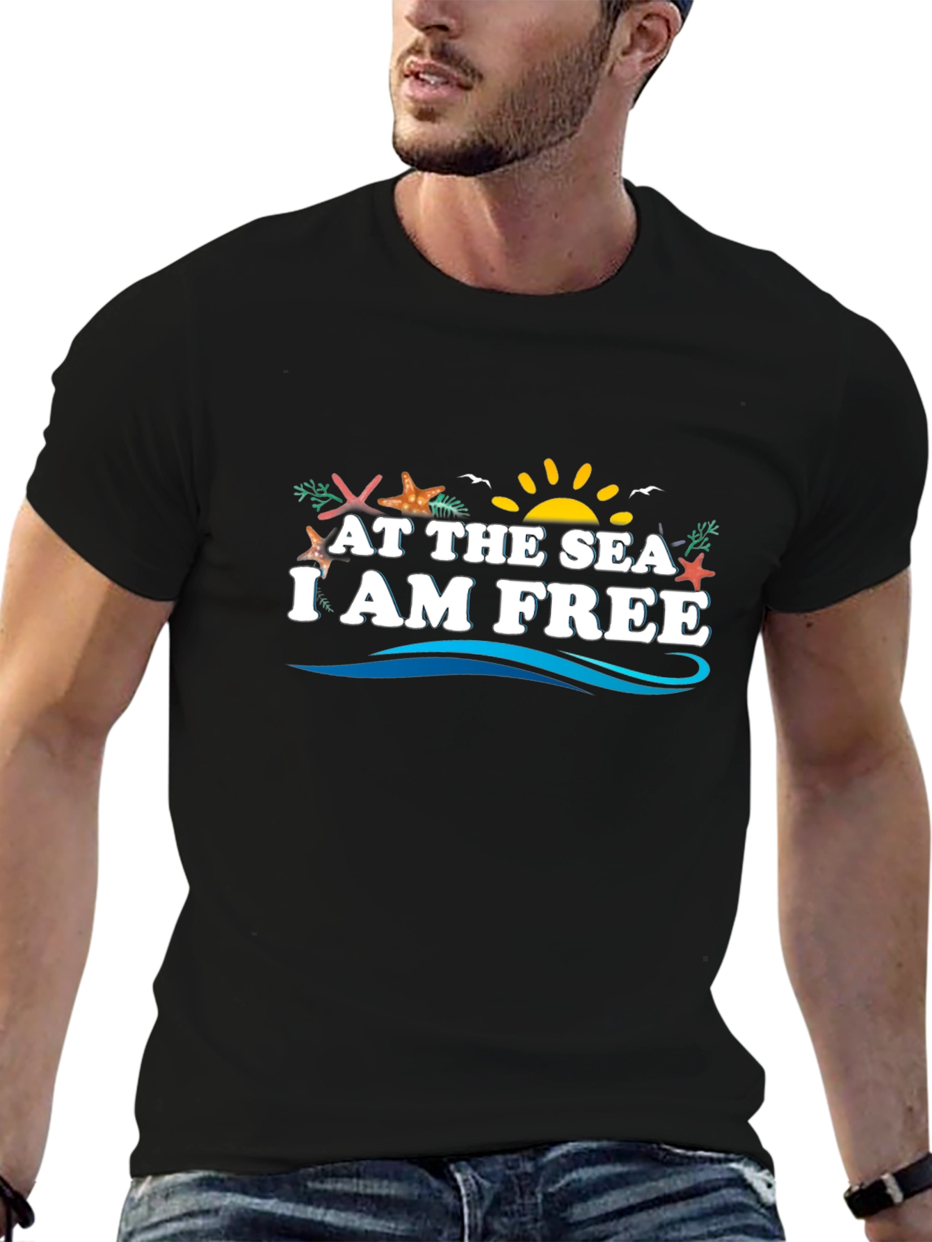 At The Sea I Am Free Black Graphic Tee