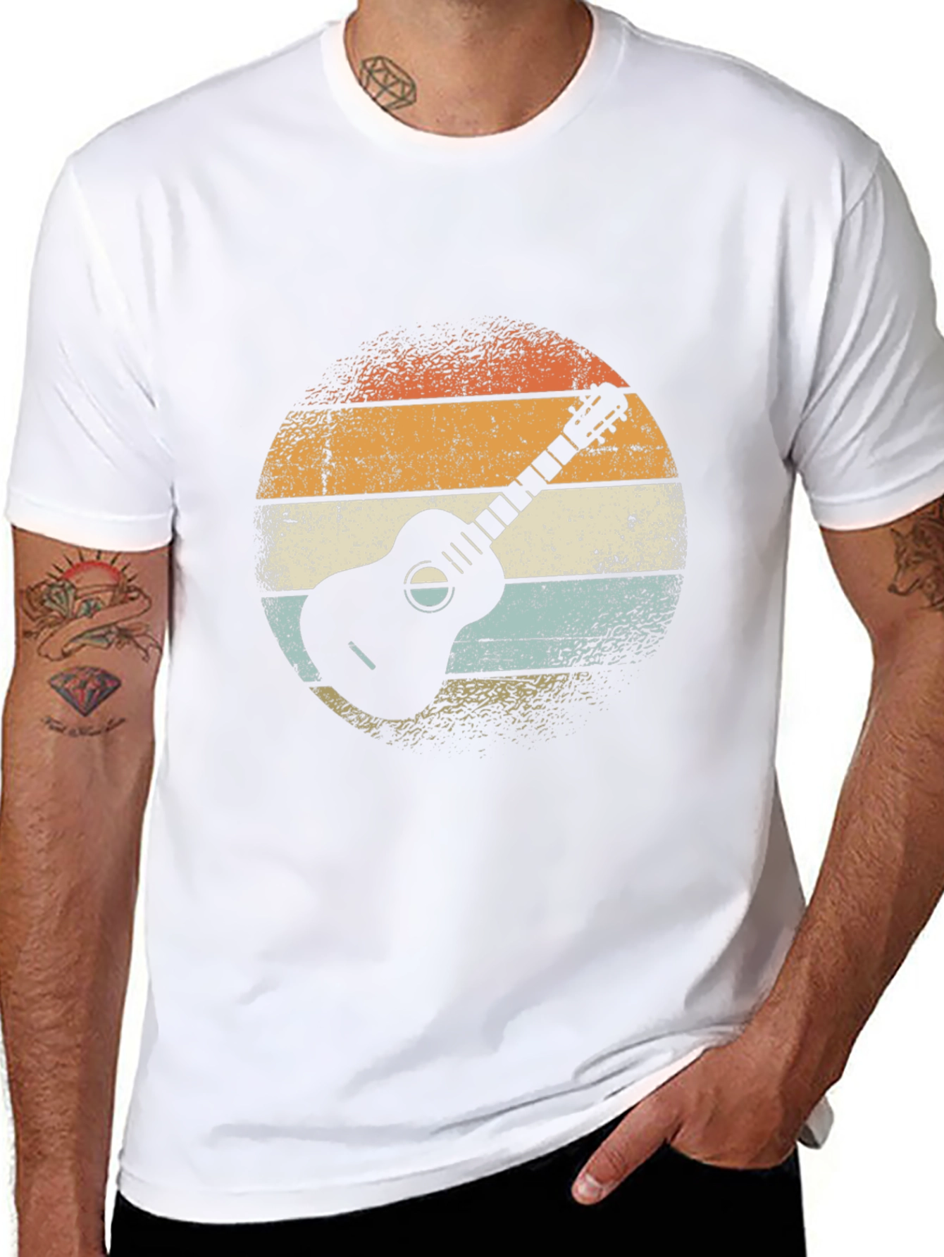 Retro Guitar Graphic Tee - Black Cotton T-Shirt