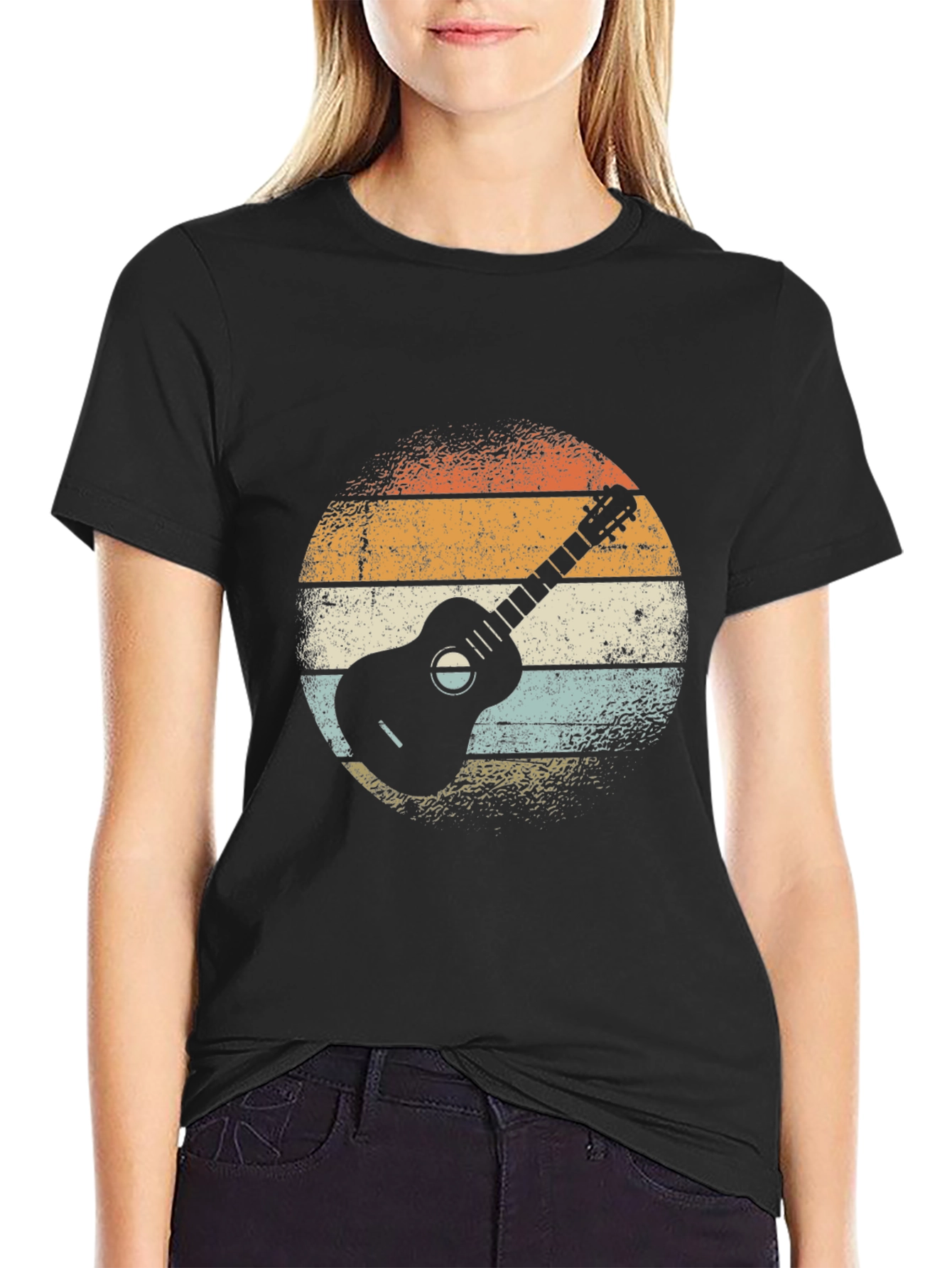 Retro Guitar Graphic Tee - Black Cotton T-Shirt