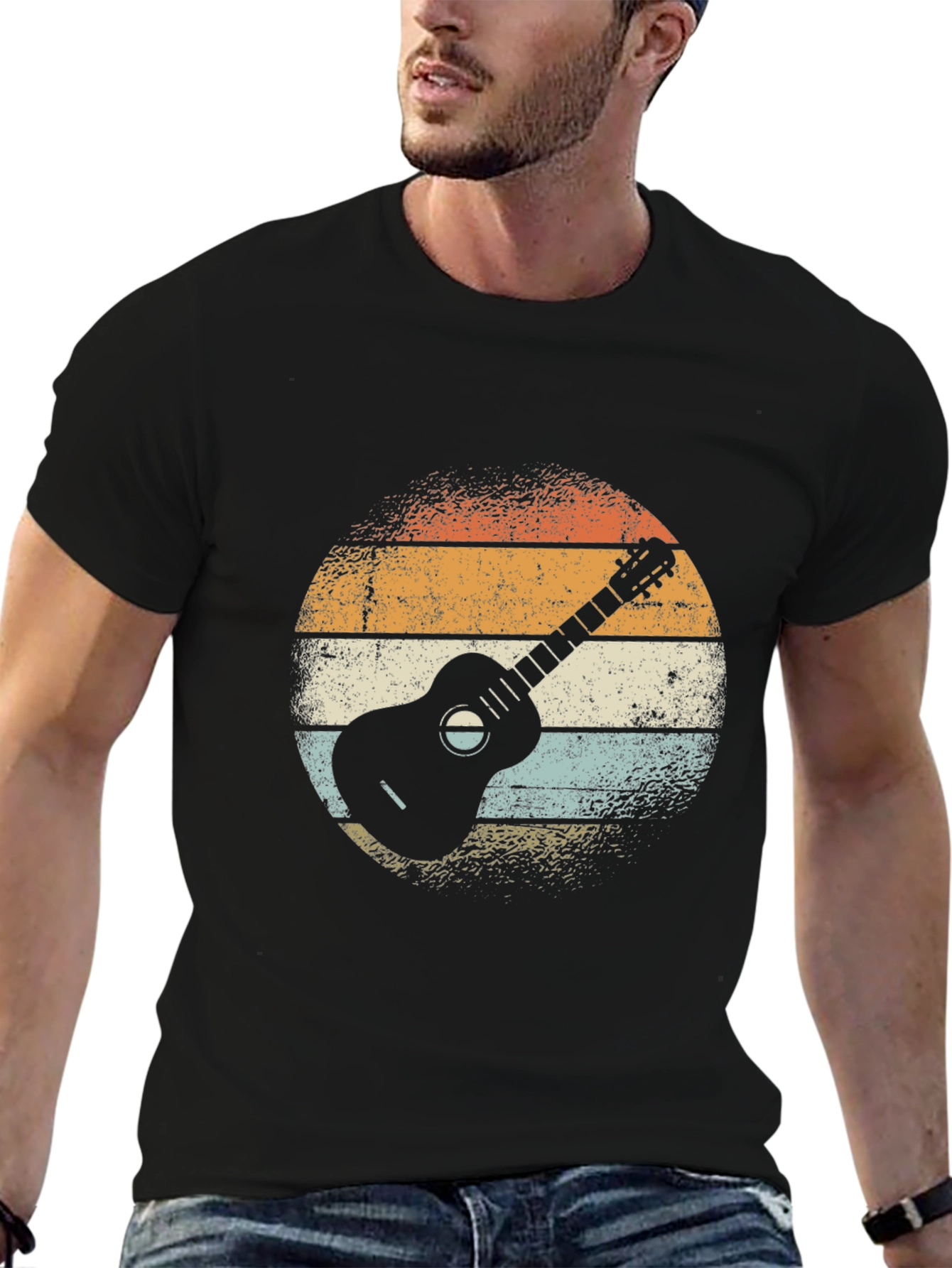 Retro Guitar Graphic Tee - Black Cotton T-Shirt
