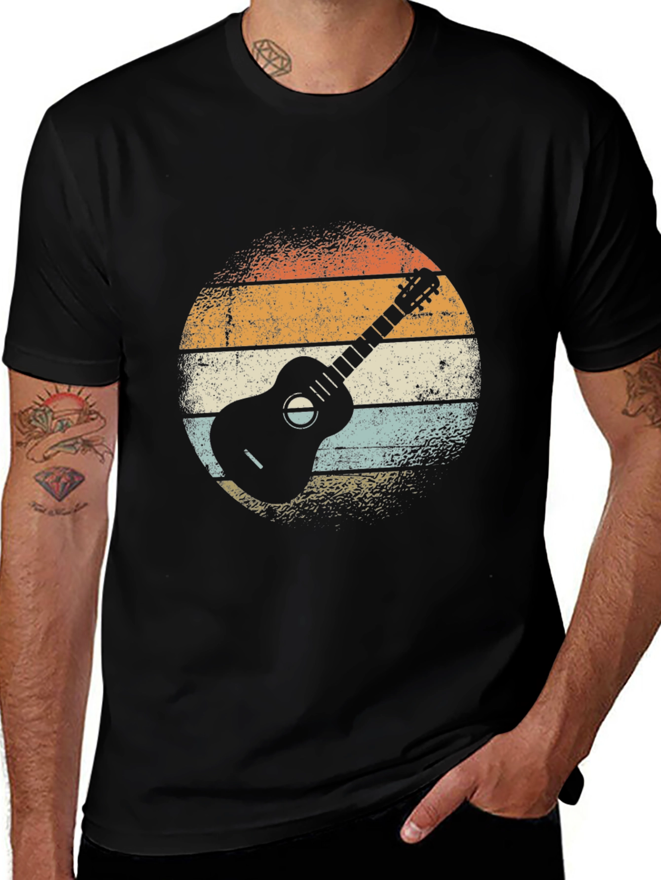 Retro Guitar Graphic Tee - Black Cotton T-Shirt