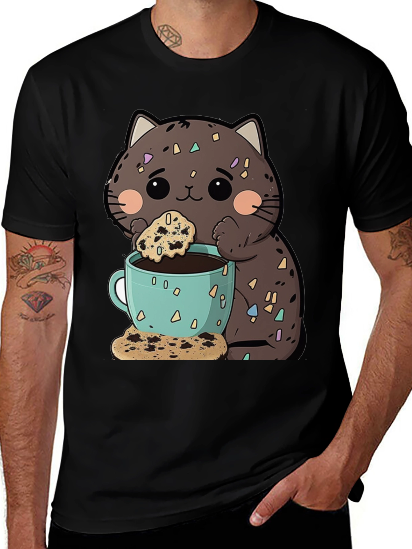Cute Cartoon Cat with Coffee and Cookie T-Shirt