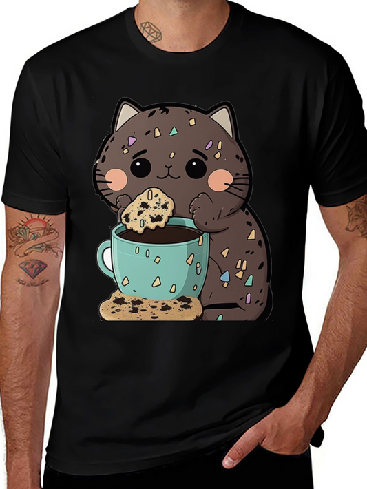 Cute Cartoon Cat with Coffee and Cookie T-Shirt
