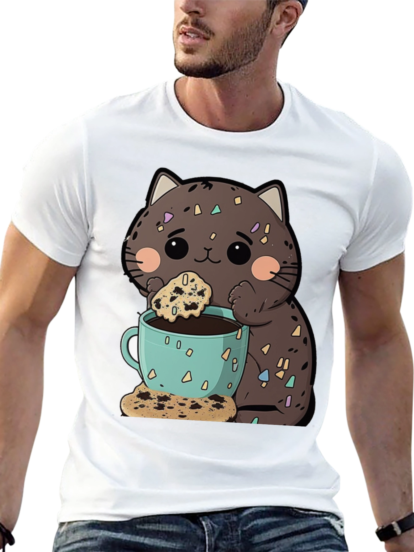 Cute Cartoon Cat with Coffee and Cookie T-Shirt