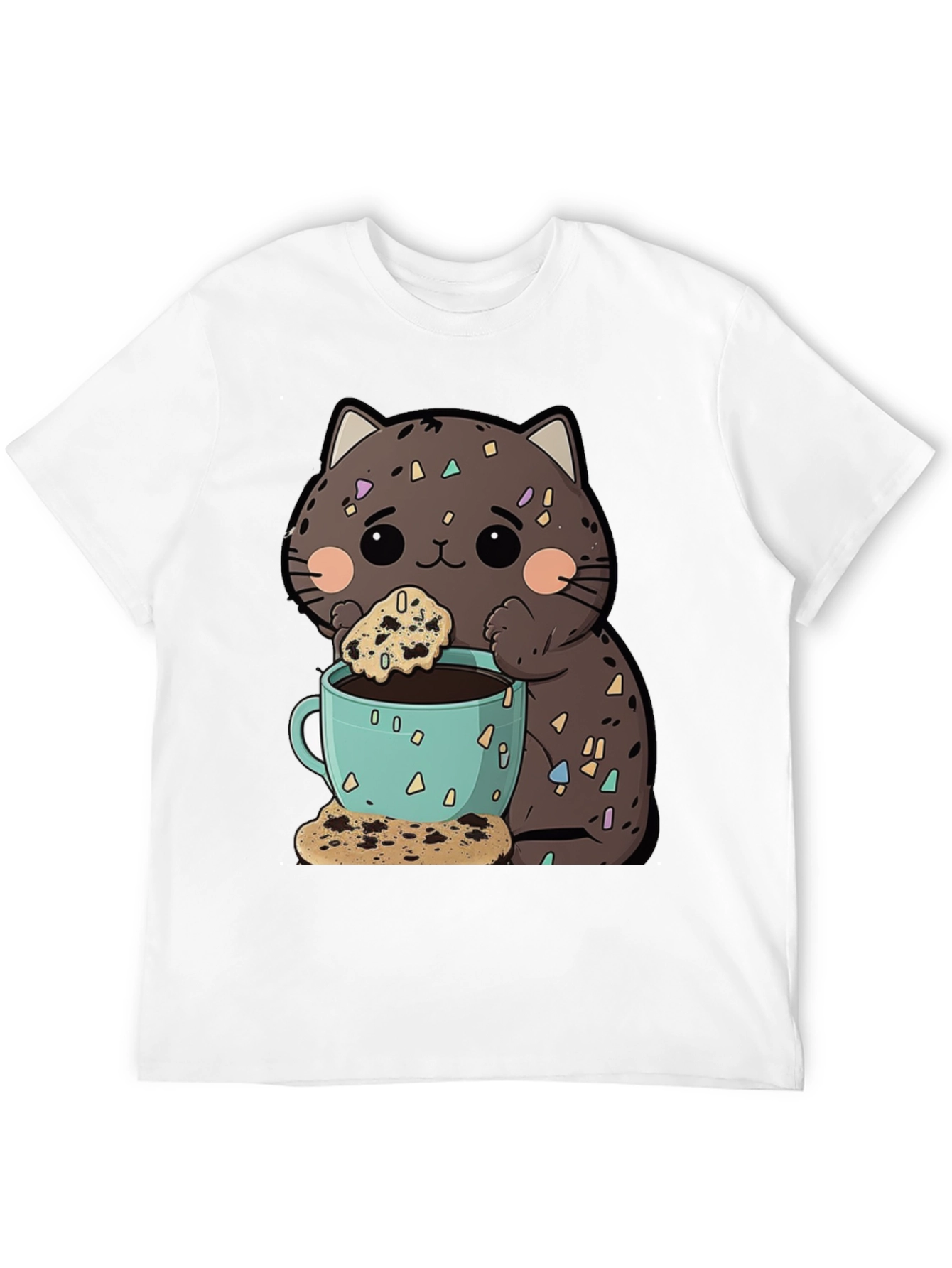 Cute Cartoon Cat with Coffee and Cookie T-Shirt