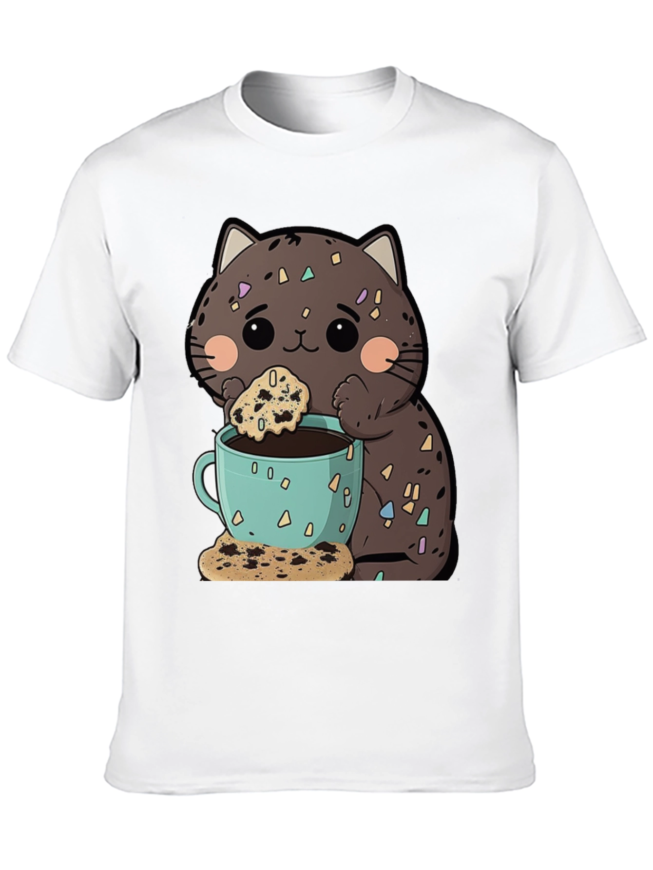 Cute Cartoon Cat with Coffee and Cookie T-Shirt