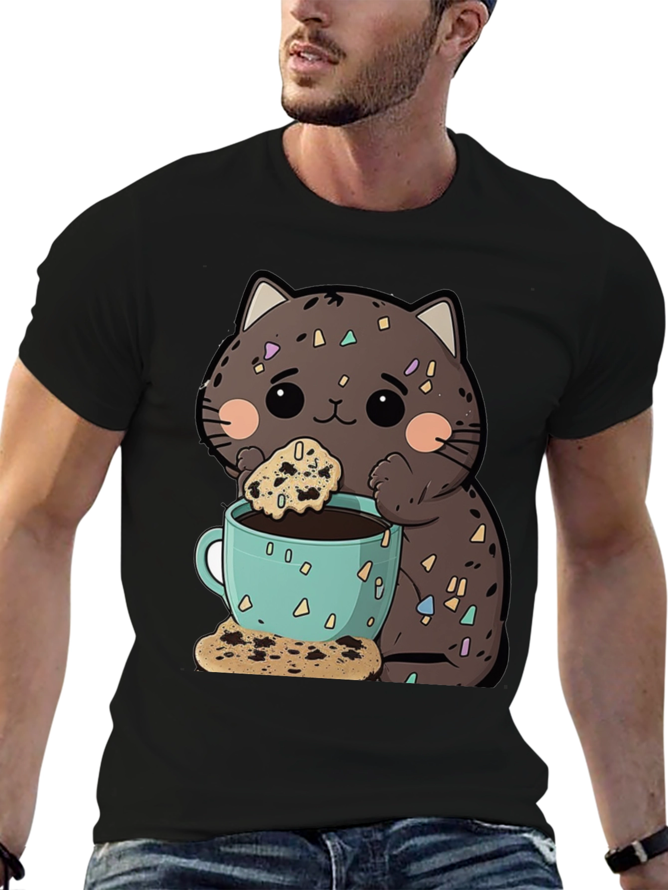 Cute Cartoon Cat with Coffee and Cookie T-Shirt