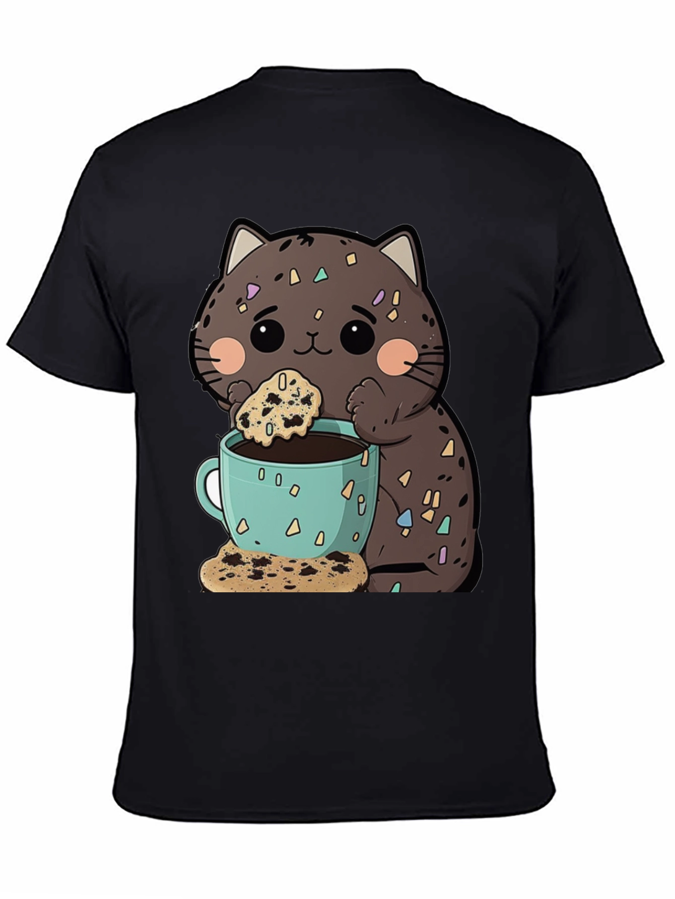 Cute Cartoon Cat with Coffee and Cookie T-Shirt