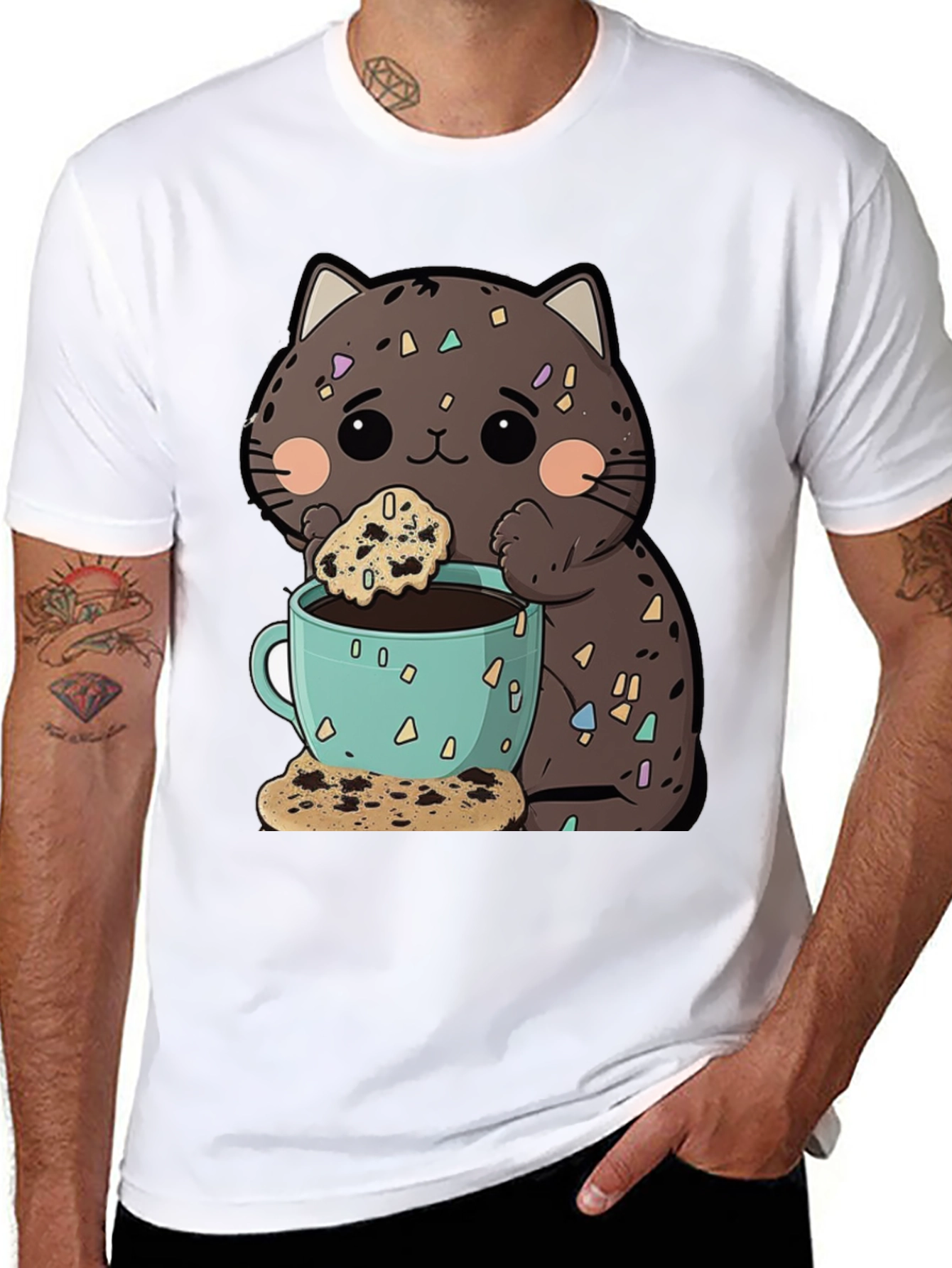 Cute Cartoon Cat with Coffee and Cookie T-Shirt