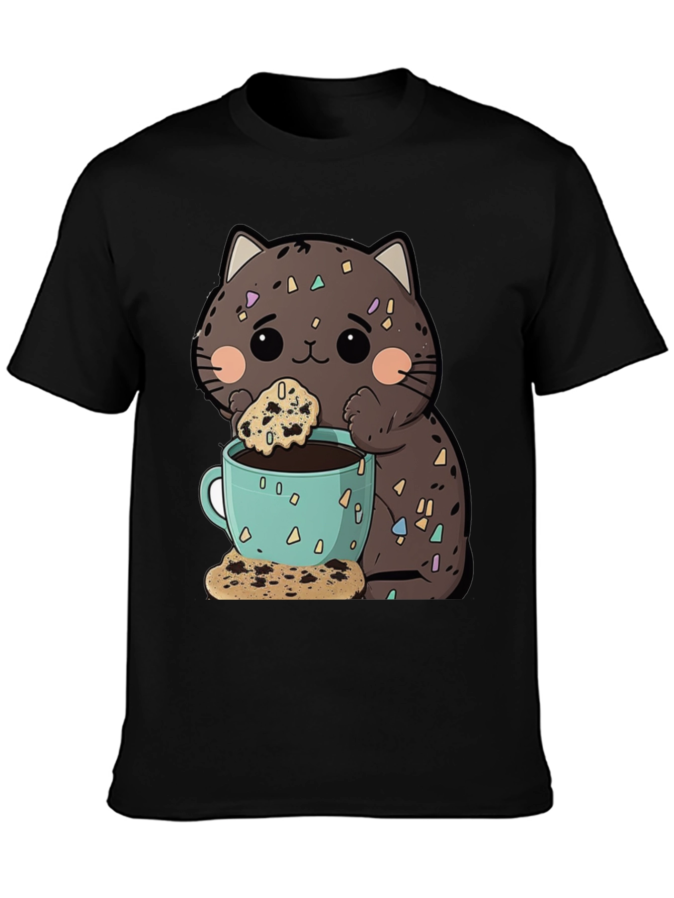 Cute Cartoon Cat with Coffee and Cookie T-Shirt