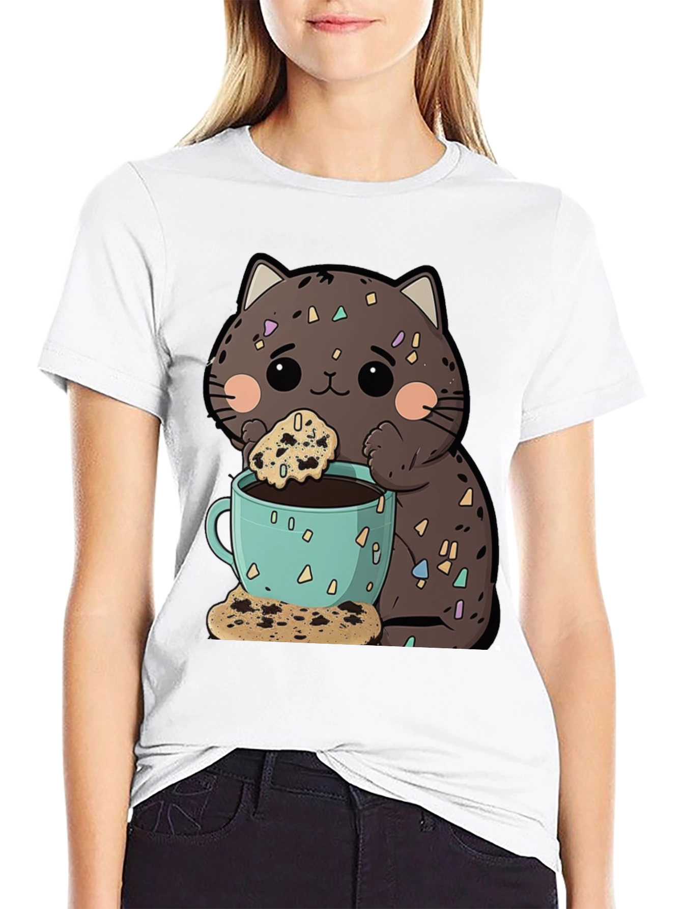 Cute Cartoon Cat with Coffee and Cookie T-Shirt