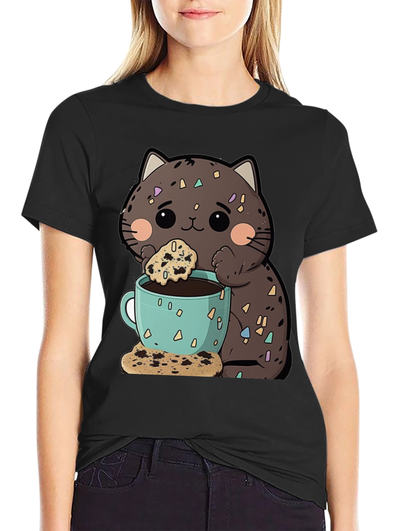 Cute Cartoon Cat with Coffee and Cookie T-Shirt