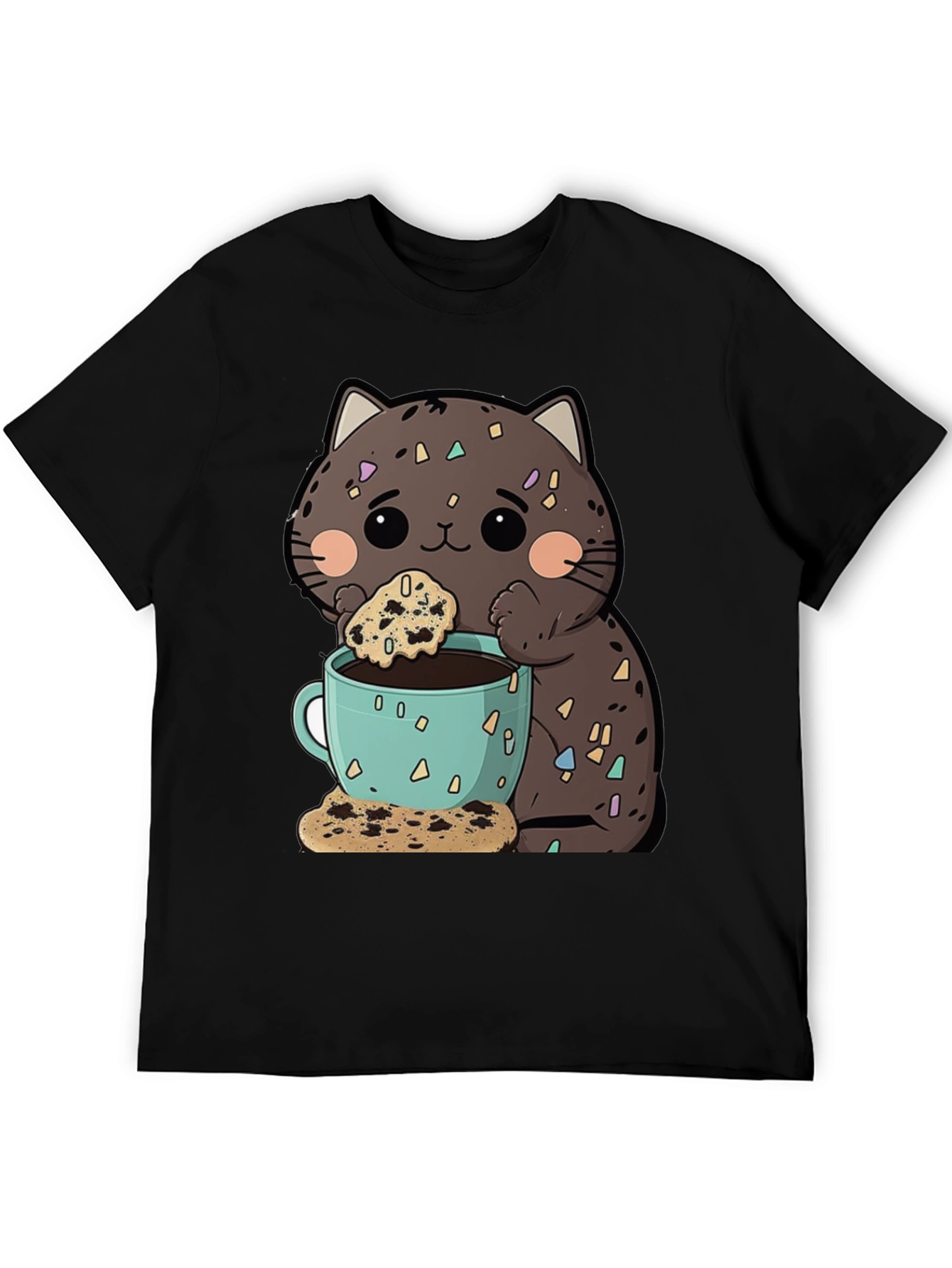 Cute Cartoon Cat with Coffee and Cookie T-Shirt
