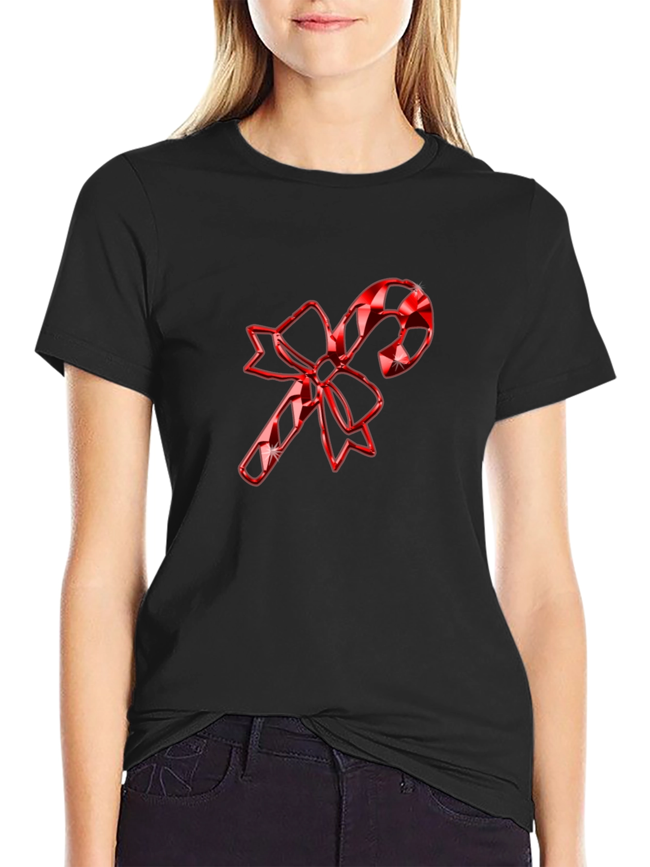 Festive Candy Cane Bow T-Shirt - Holiday Cheer