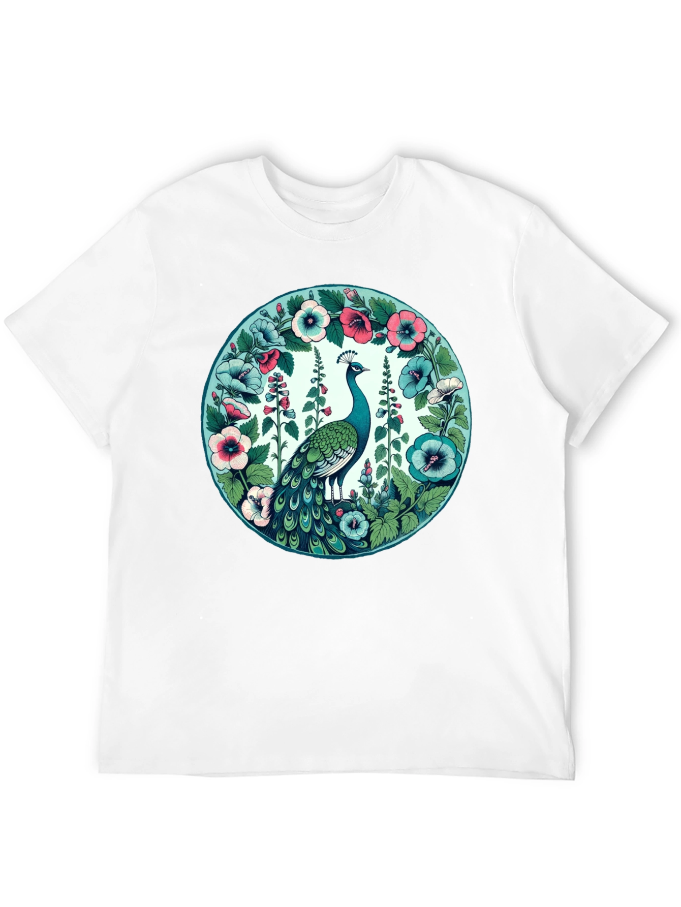 Peacock Floral Graphic Tee - Black Cotton T-Shirt