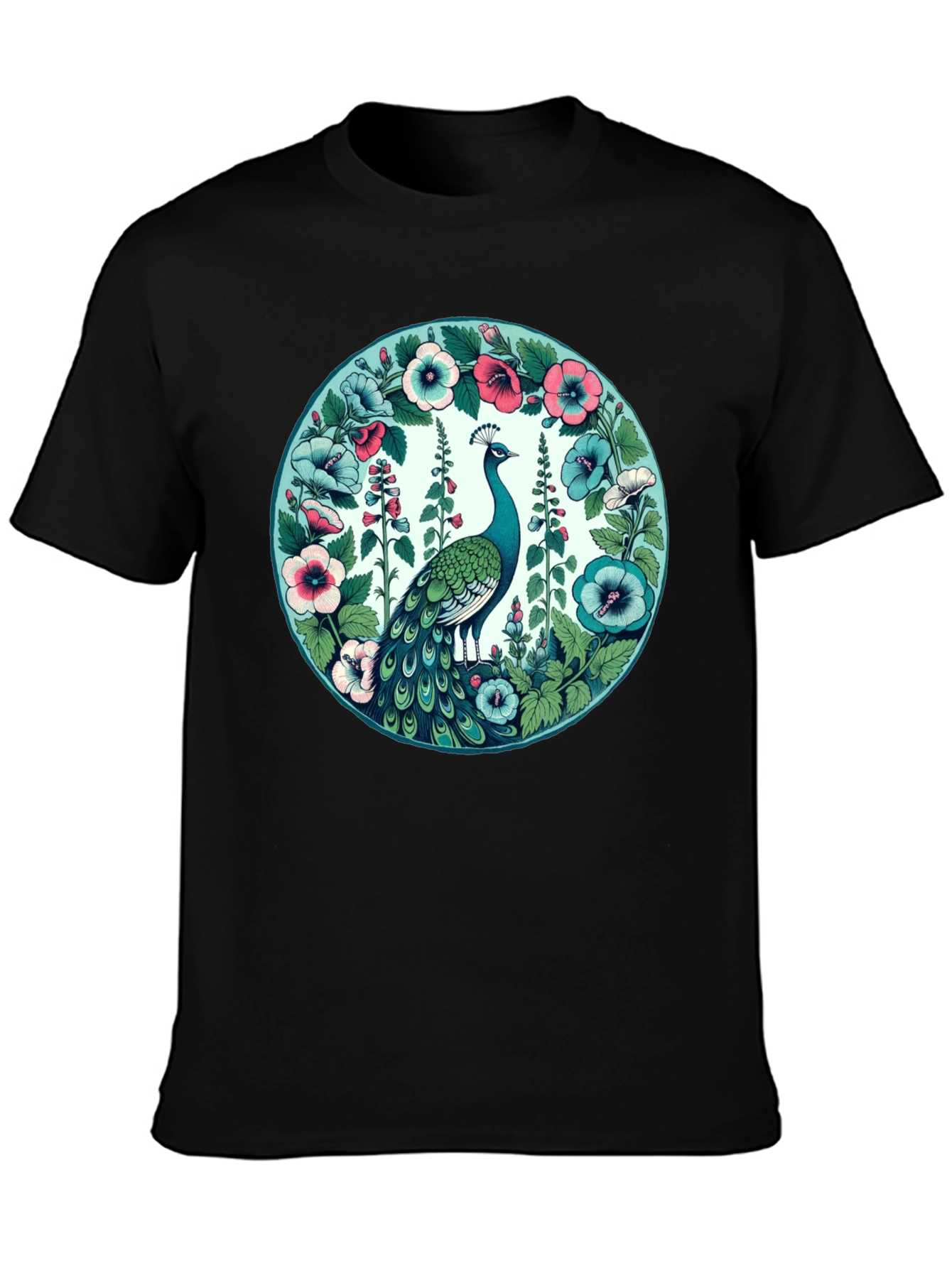 Peacock Floral Graphic Tee - Black Cotton T-Shirt