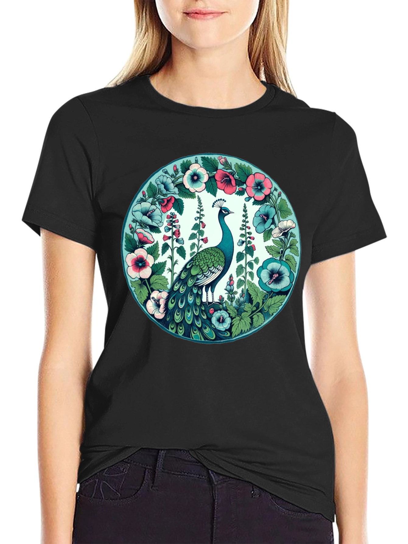 Peacock Floral Graphic Tee - Black Cotton T-Shirt