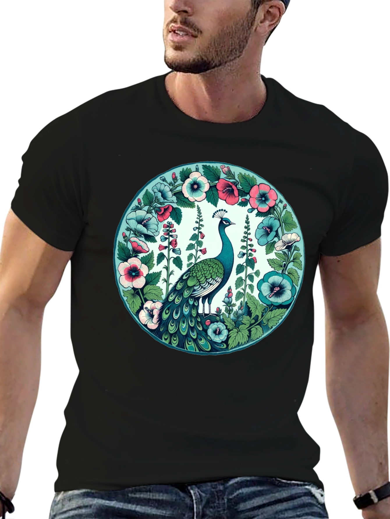 Peacock Floral Graphic Tee - Black Cotton T-Shirt