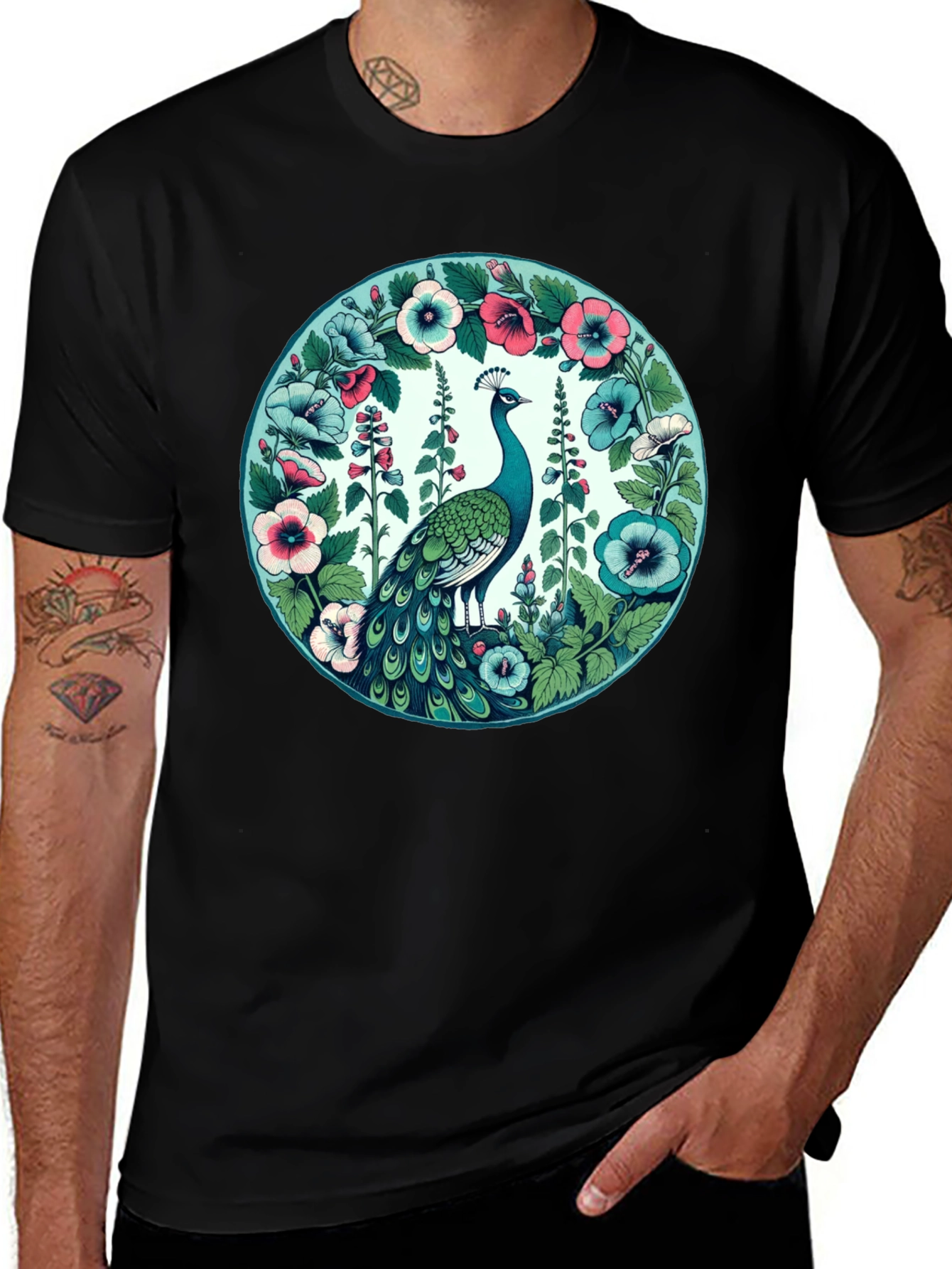 Peacock Floral Graphic Tee - Black Cotton T-Shirt