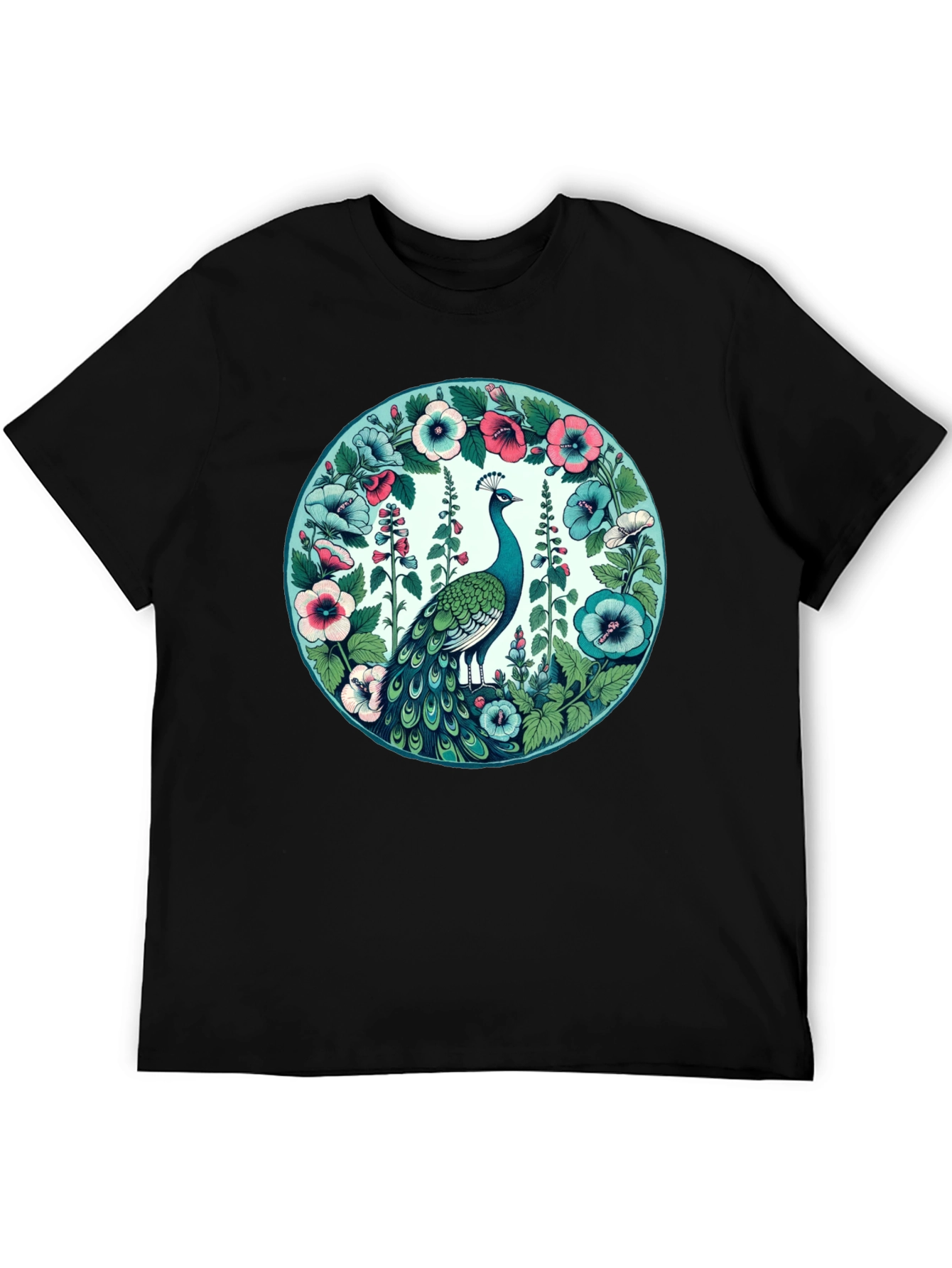 Peacock Floral Graphic Tee - Black Cotton T-Shirt