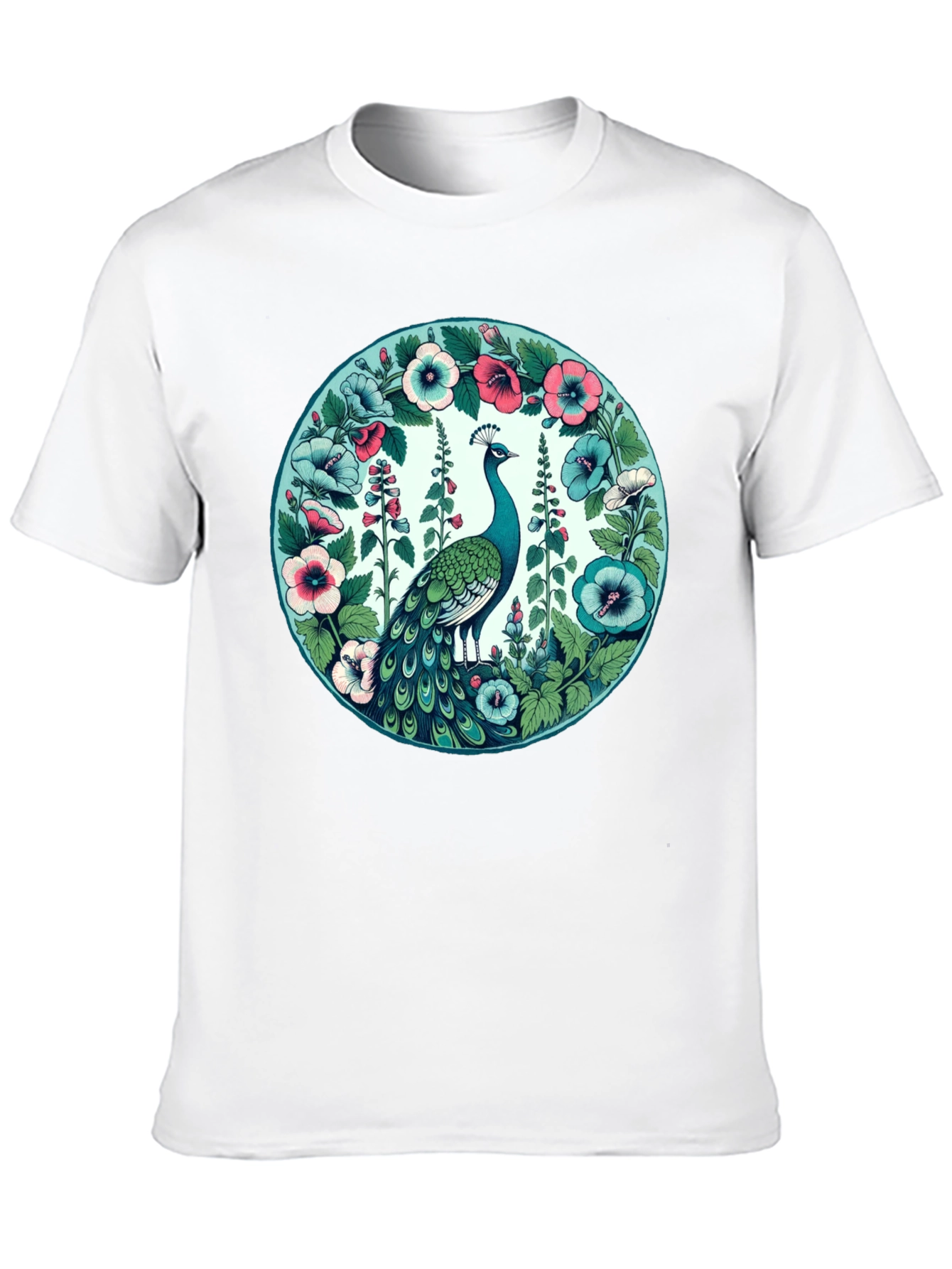 Peacock Floral Graphic Tee - Black Cotton T-Shirt