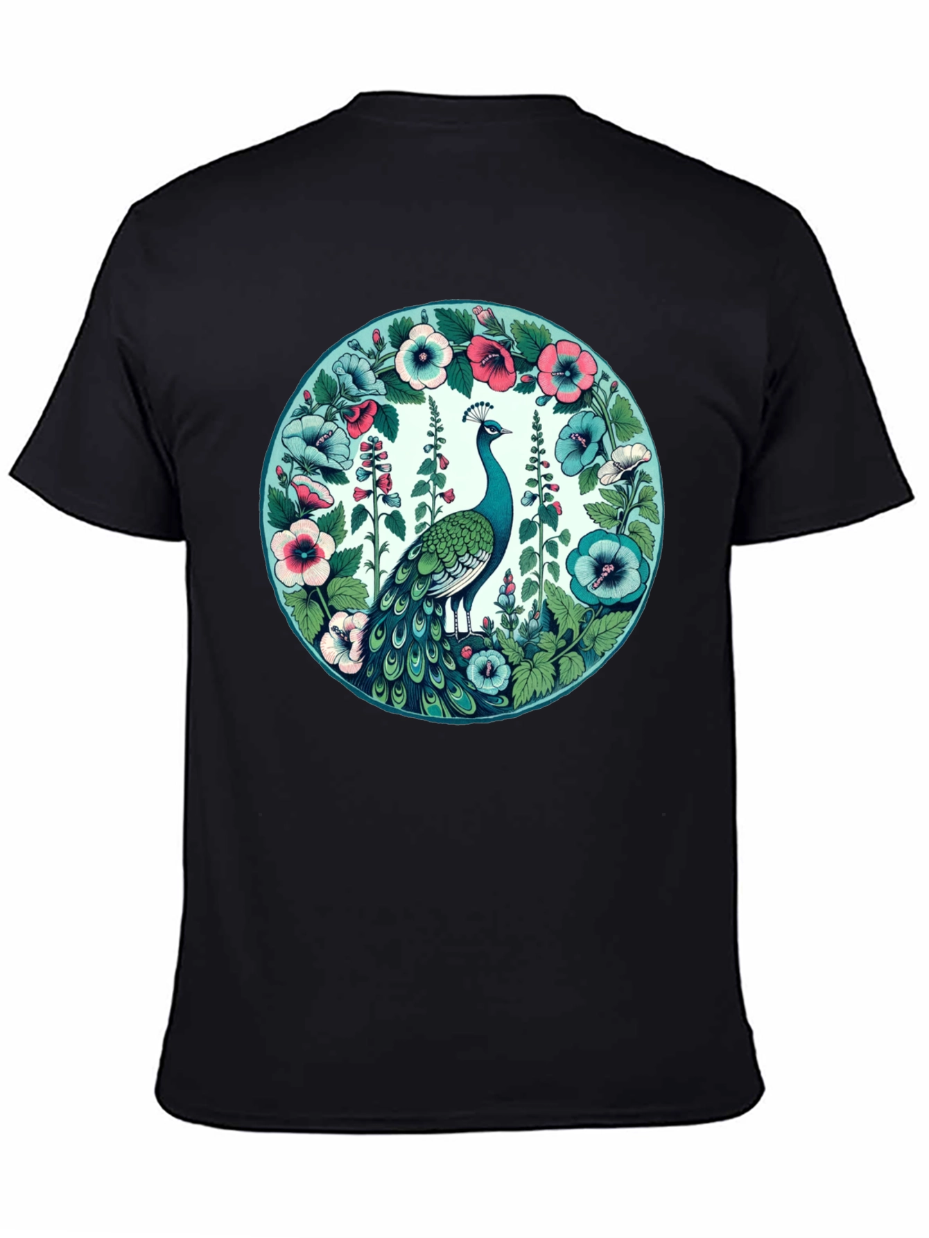 Peacock Floral Graphic Tee - Black Cotton T-Shirt