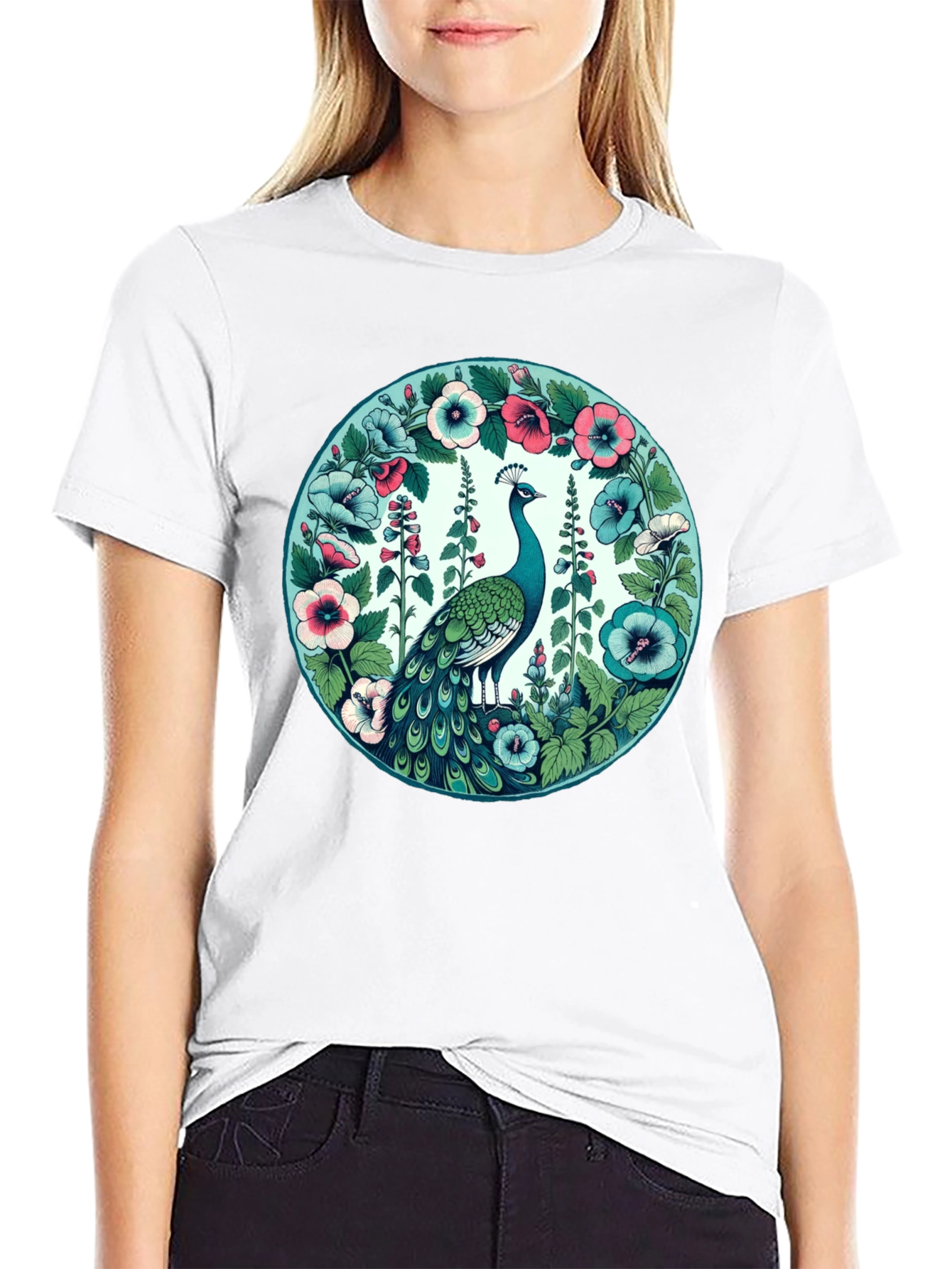 Peacock Floral Graphic Tee - Black Cotton T-Shirt