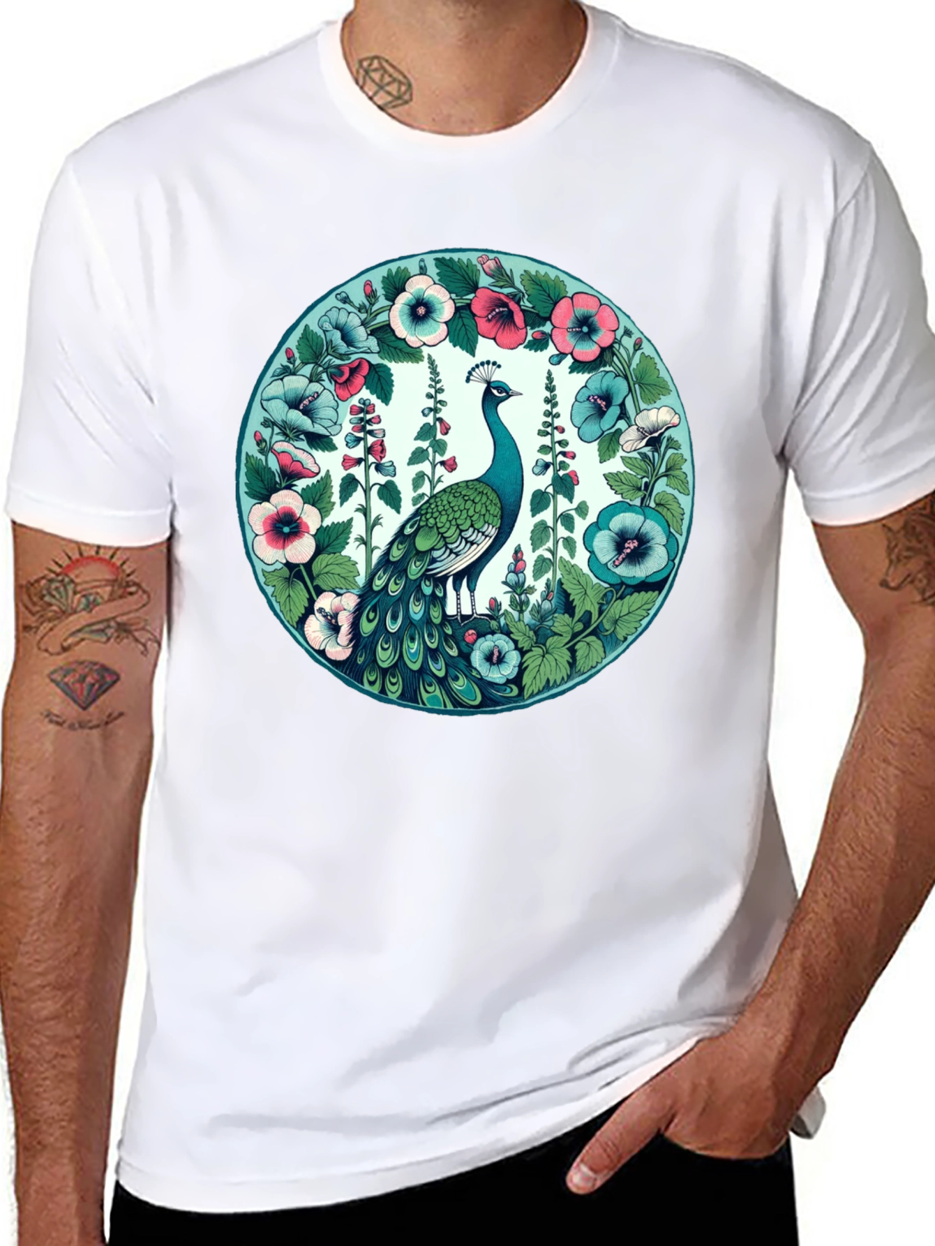 Peacock Floral Graphic Tee - Black Cotton T-Shirt