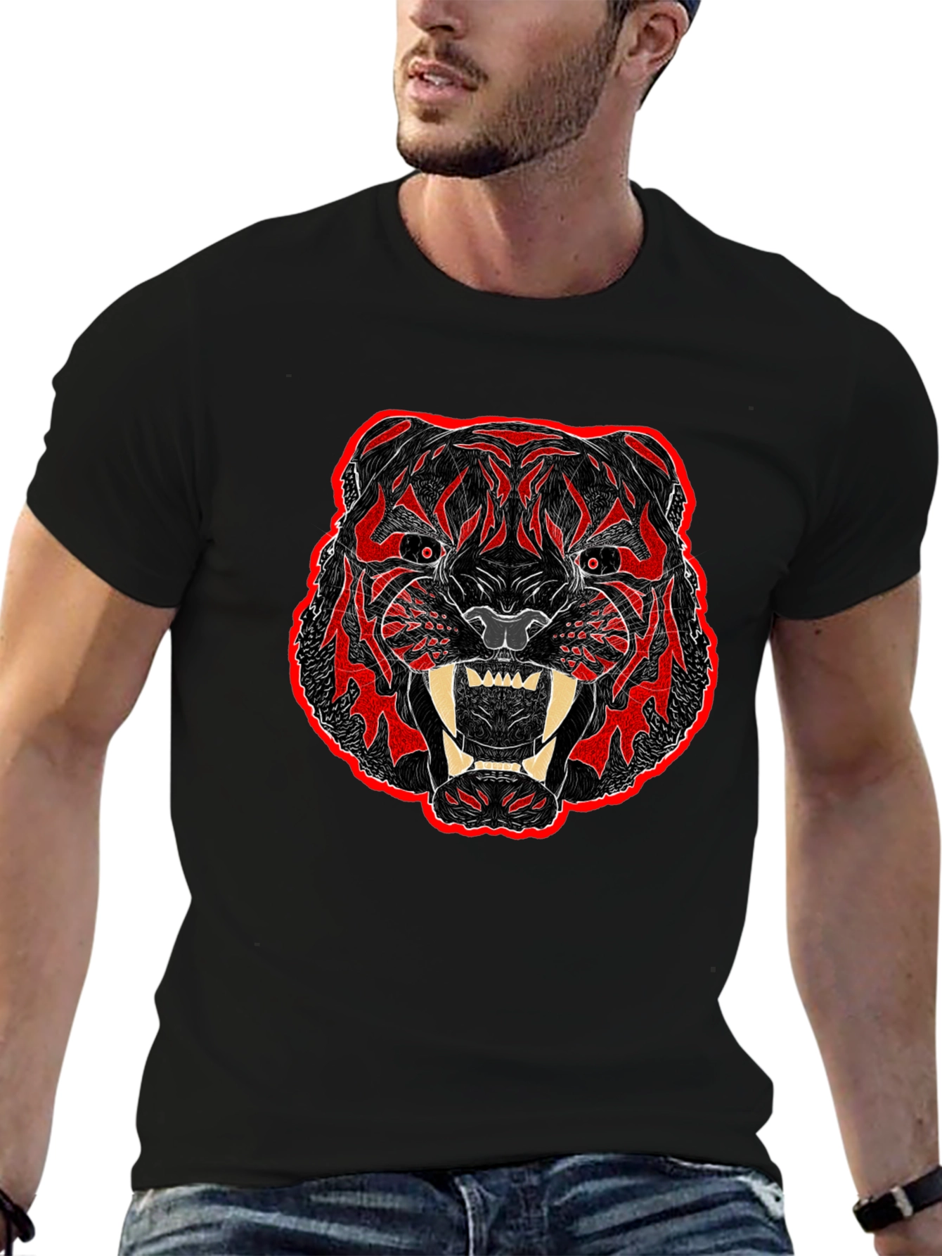Black T-Shirt with Bold Tiger Graphic