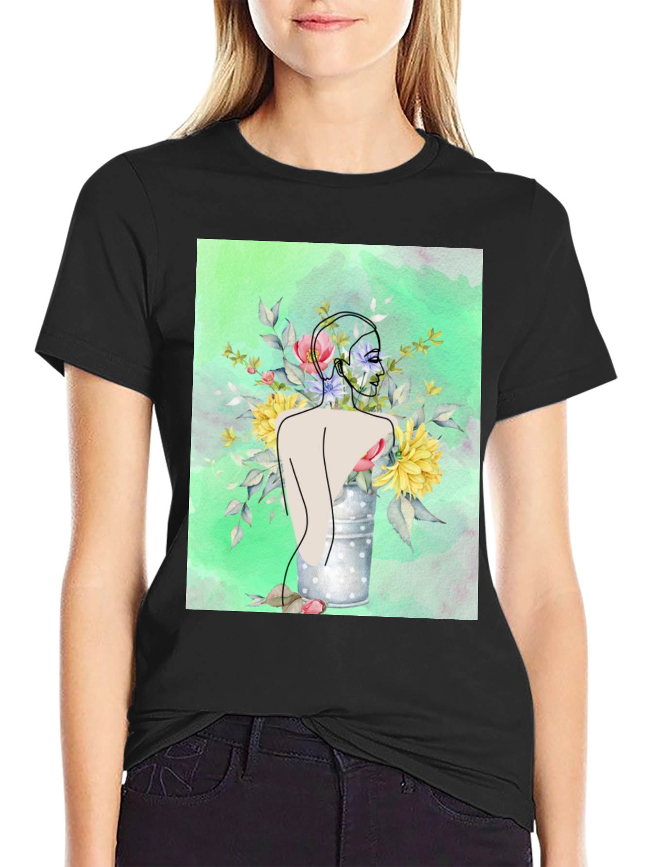 Floral Woman Graphic Tee - Modern Art Shirt
