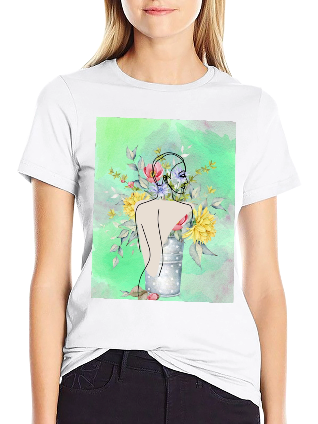 Floral Woman Graphic Tee - Modern Art Shirt