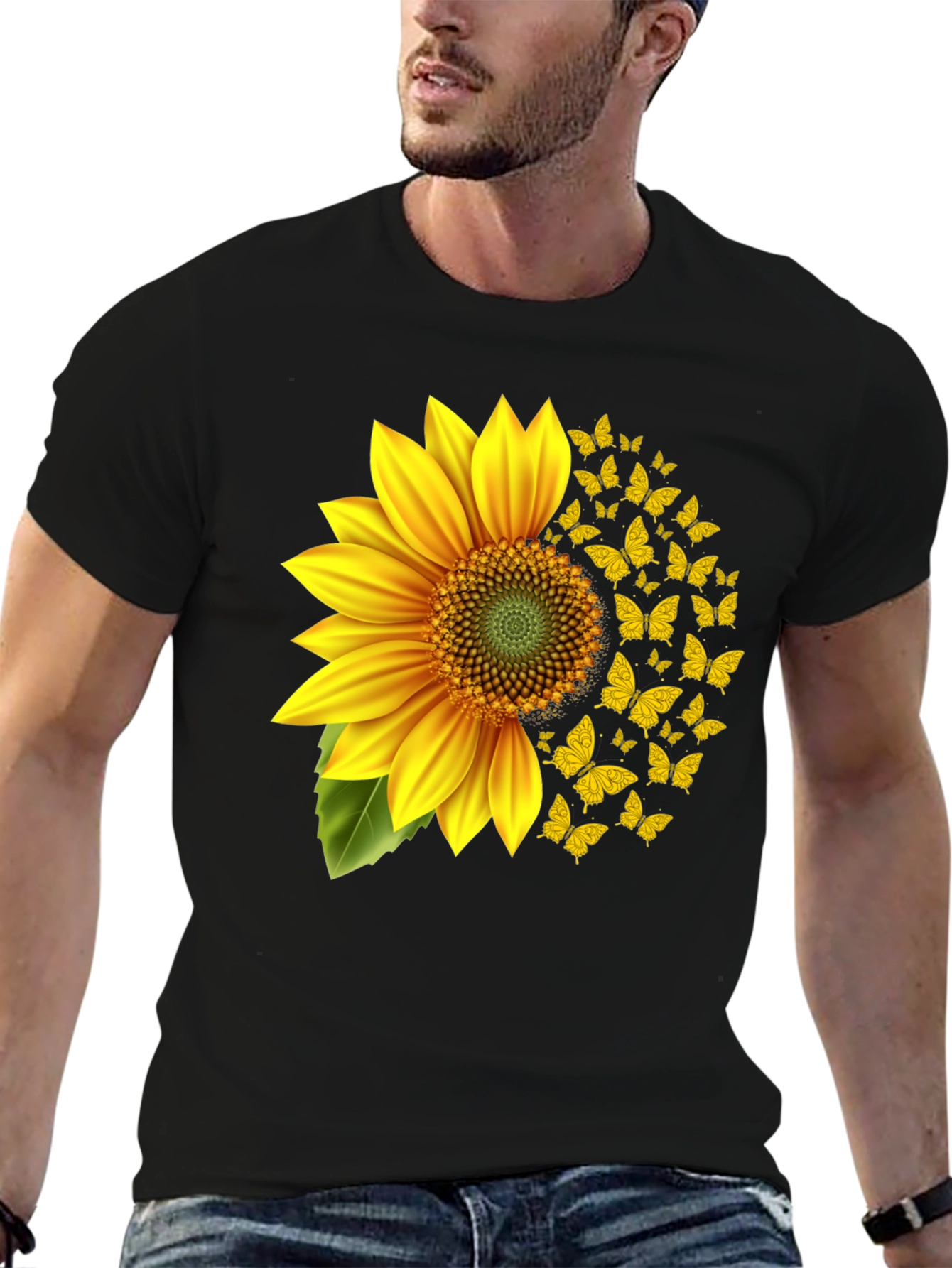 Sunflower Butterfly Graphic Tee - Black Cotton Blend