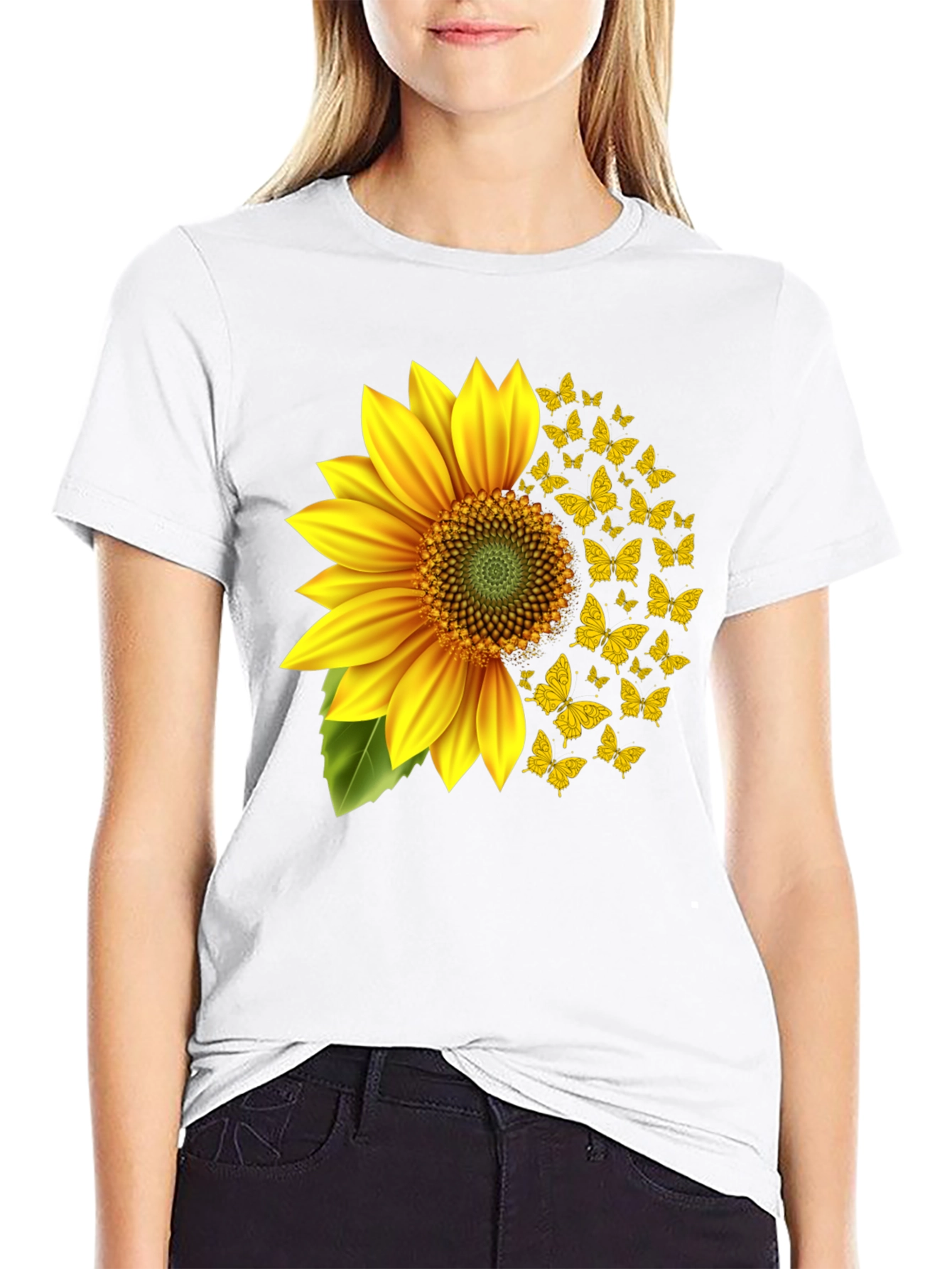 Sunflower Butterfly Graphic Tee - Black Cotton Blend