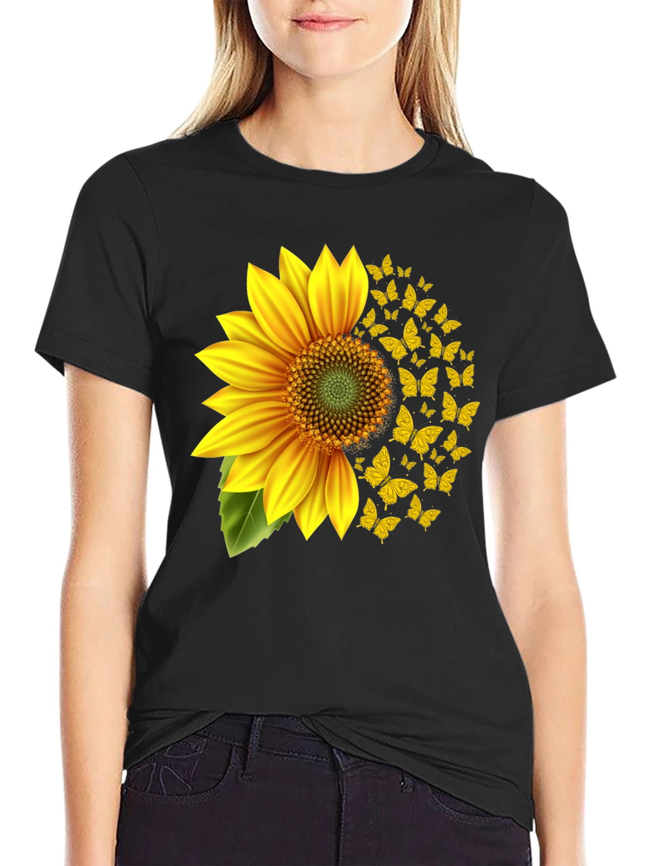 Sunflower Butterfly Graphic Tee - Black Cotton Blend