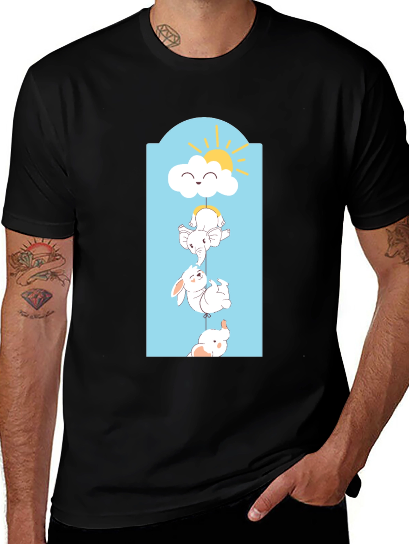 Cute Animal Stack Tee - Black Cotton Comfort