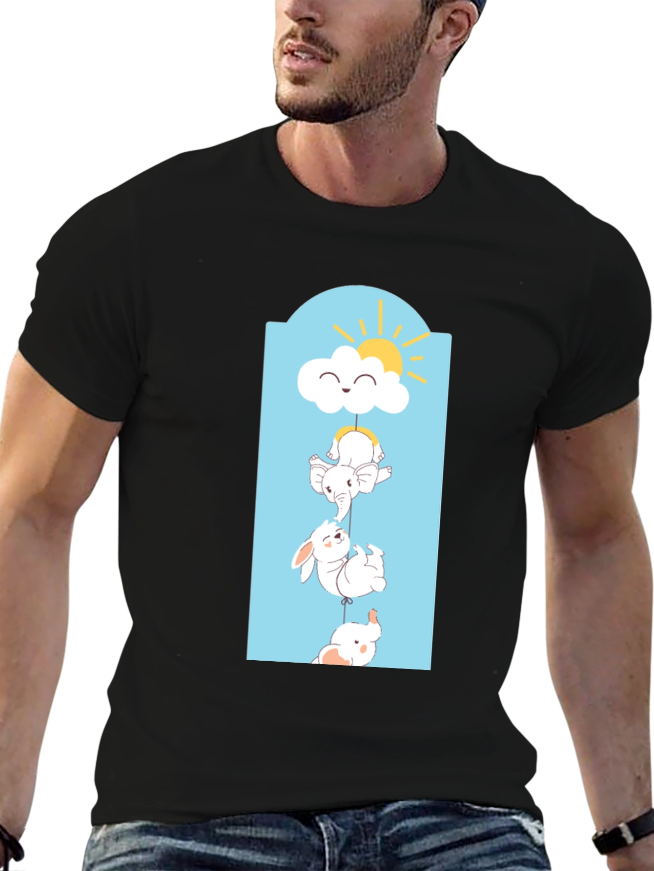 Cute Animal Stack Tee - Black Cotton Comfort