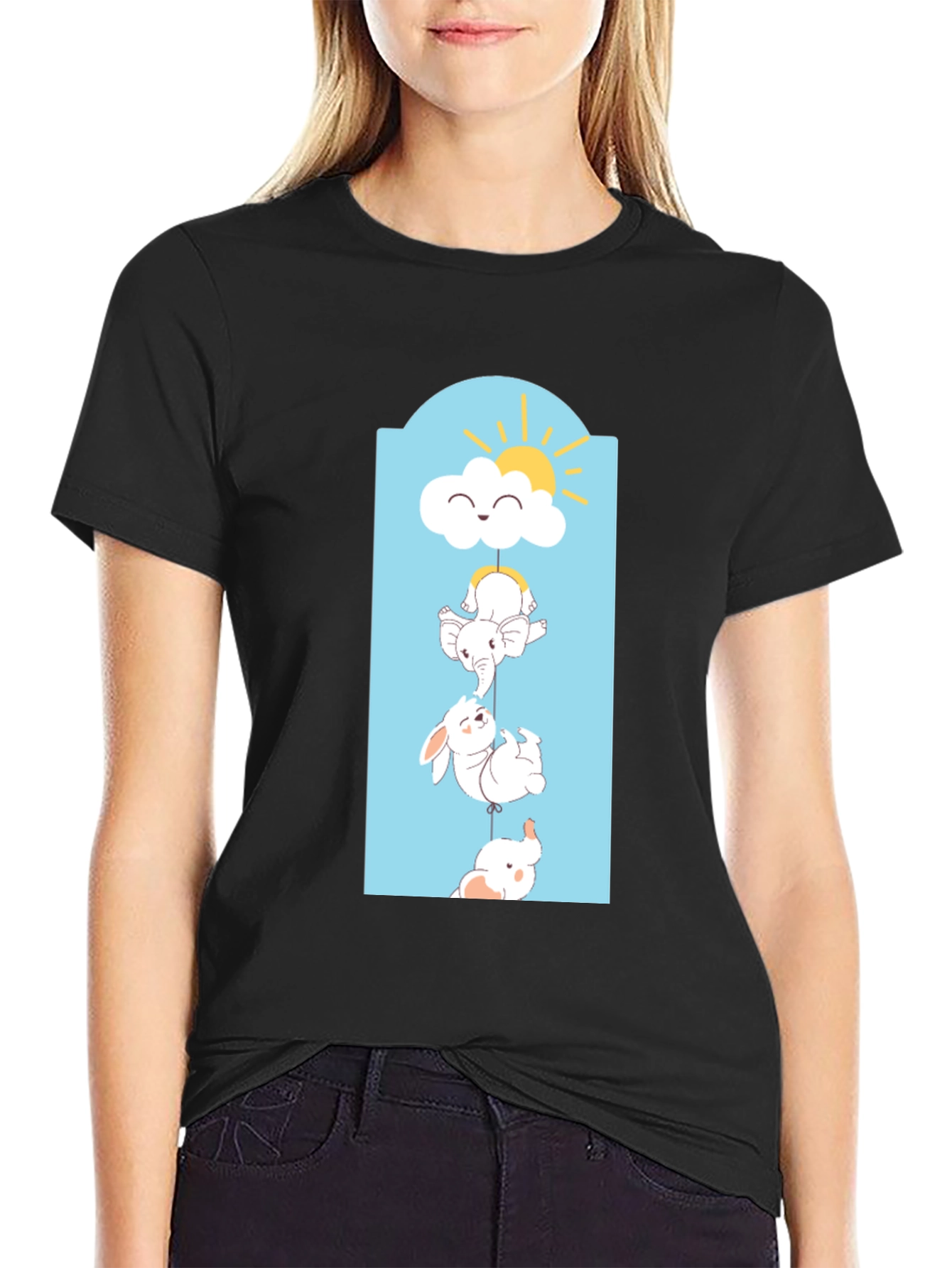 Cute Animal Stack Tee - Black Cotton Comfort