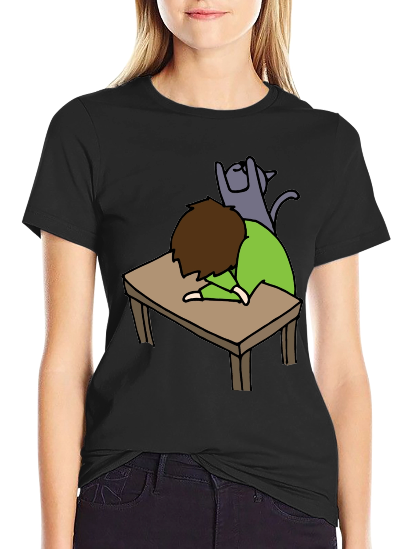 Mans Black T-shirt - Sleeper with Cat Graphic