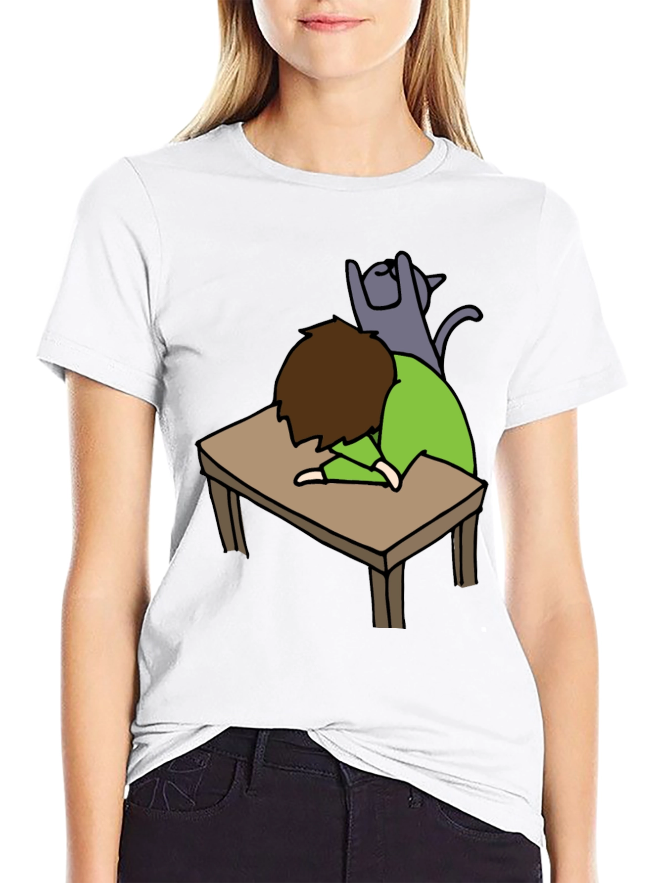 Mans Black T-shirt - Sleeper with Cat Graphic