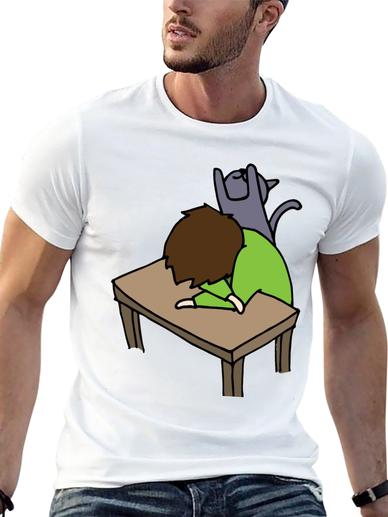Mans Black T-shirt - Sleeper with Cat Graphic