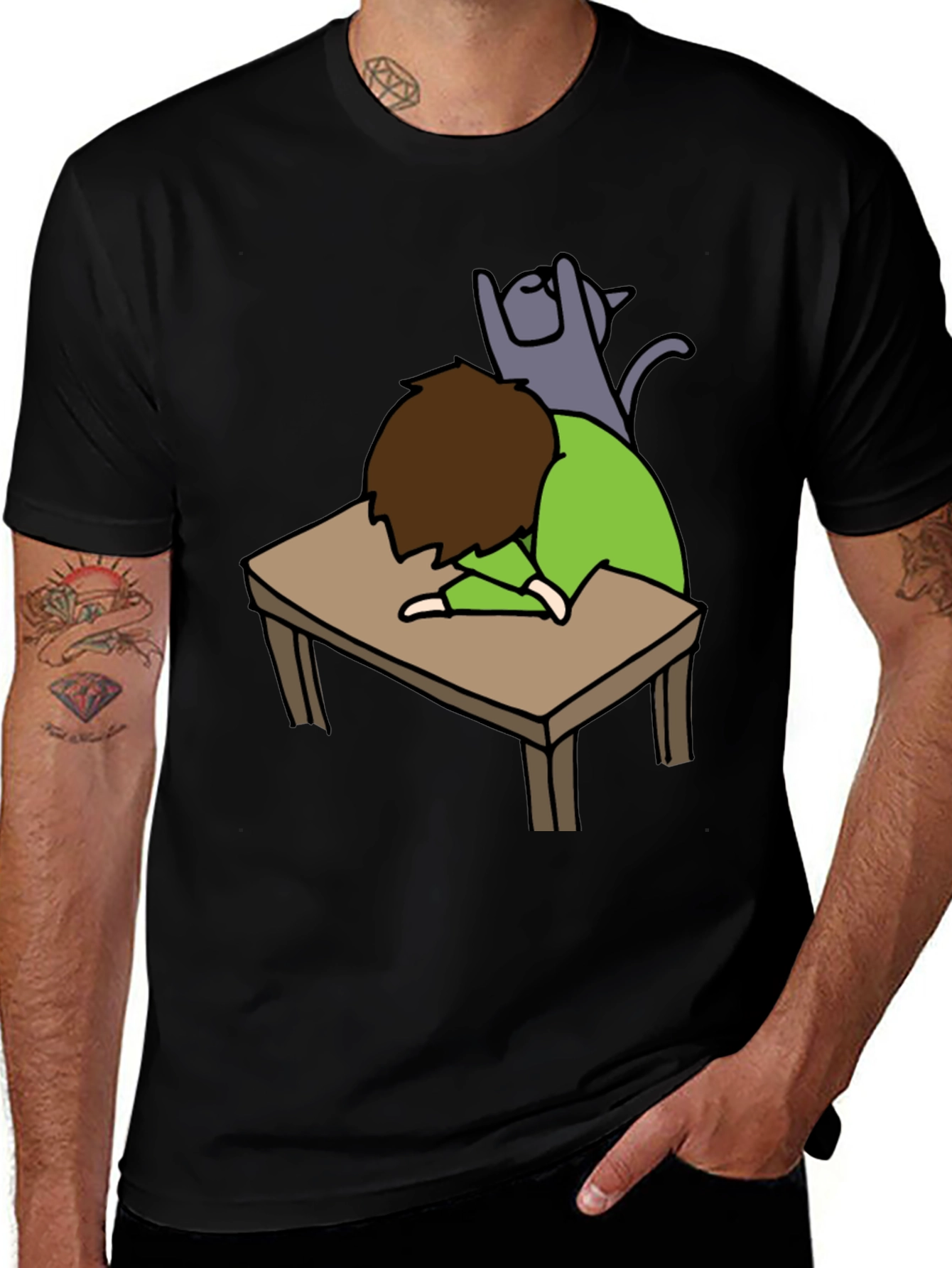 Mans Black T-shirt - Sleeper with Cat Graphic