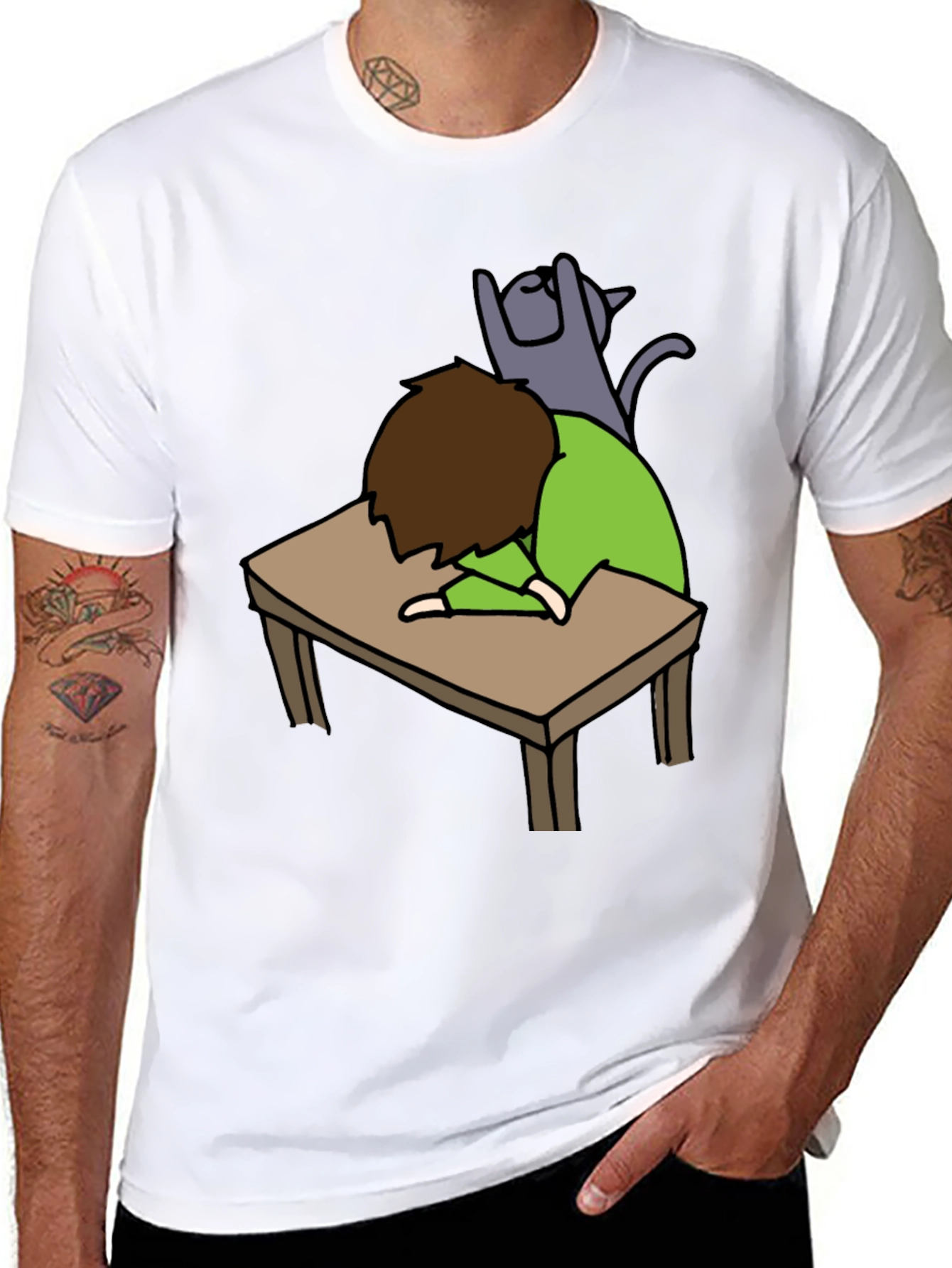 Mans Black T-shirt - Sleeper with Cat Graphic