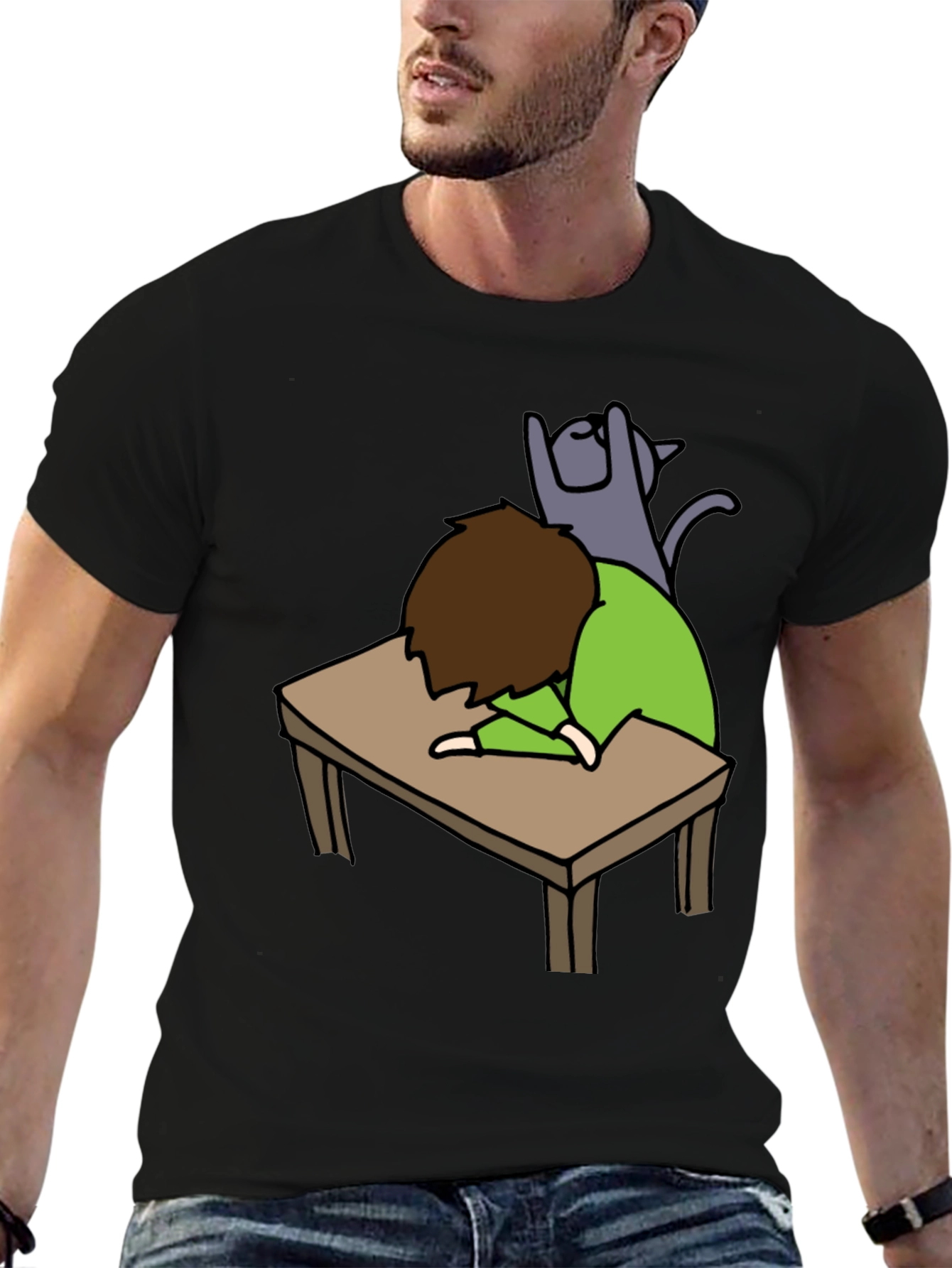 Mans Black T-shirt - Sleeper with Cat Graphic