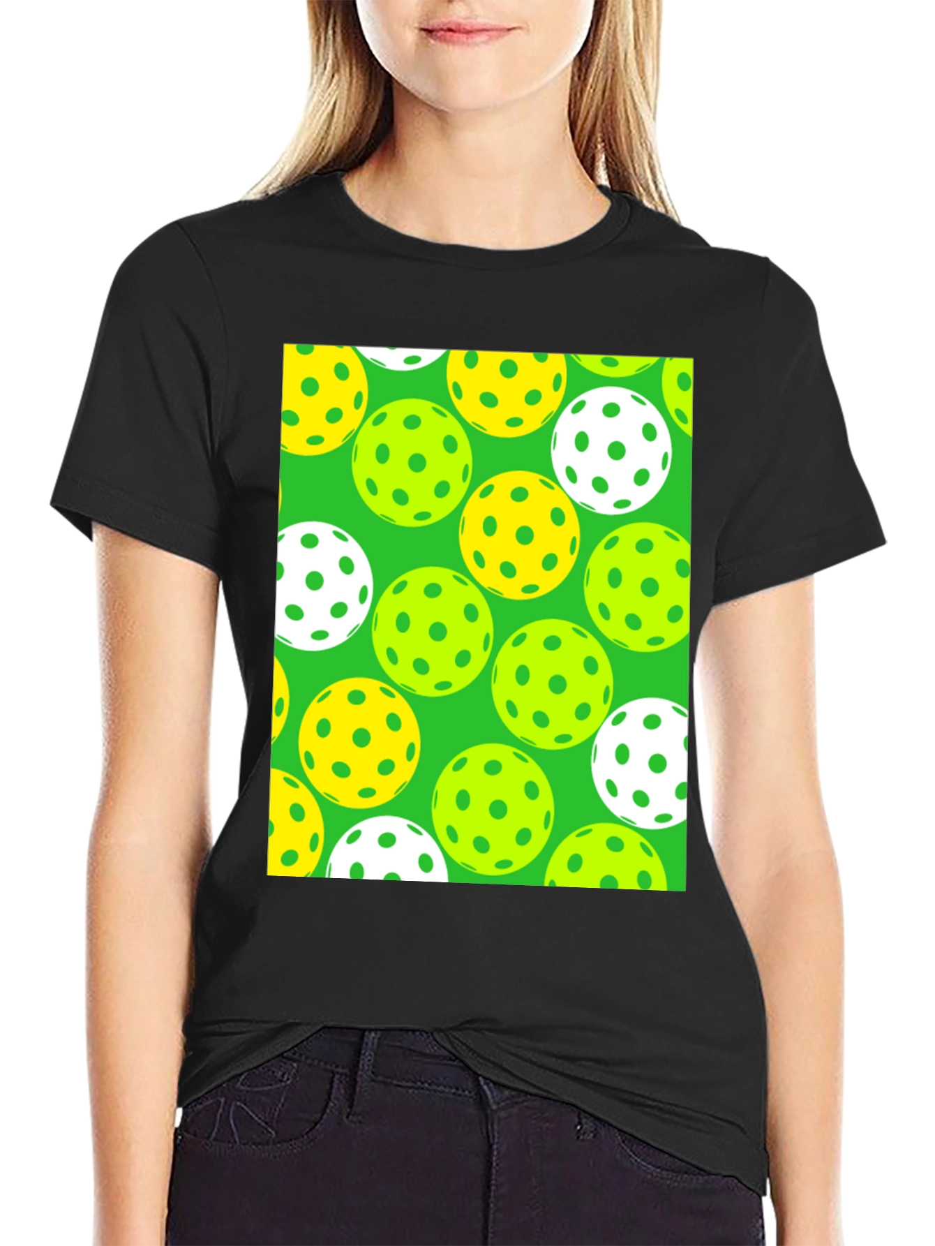 Pickleball Balls Patterned Black T-Shirt